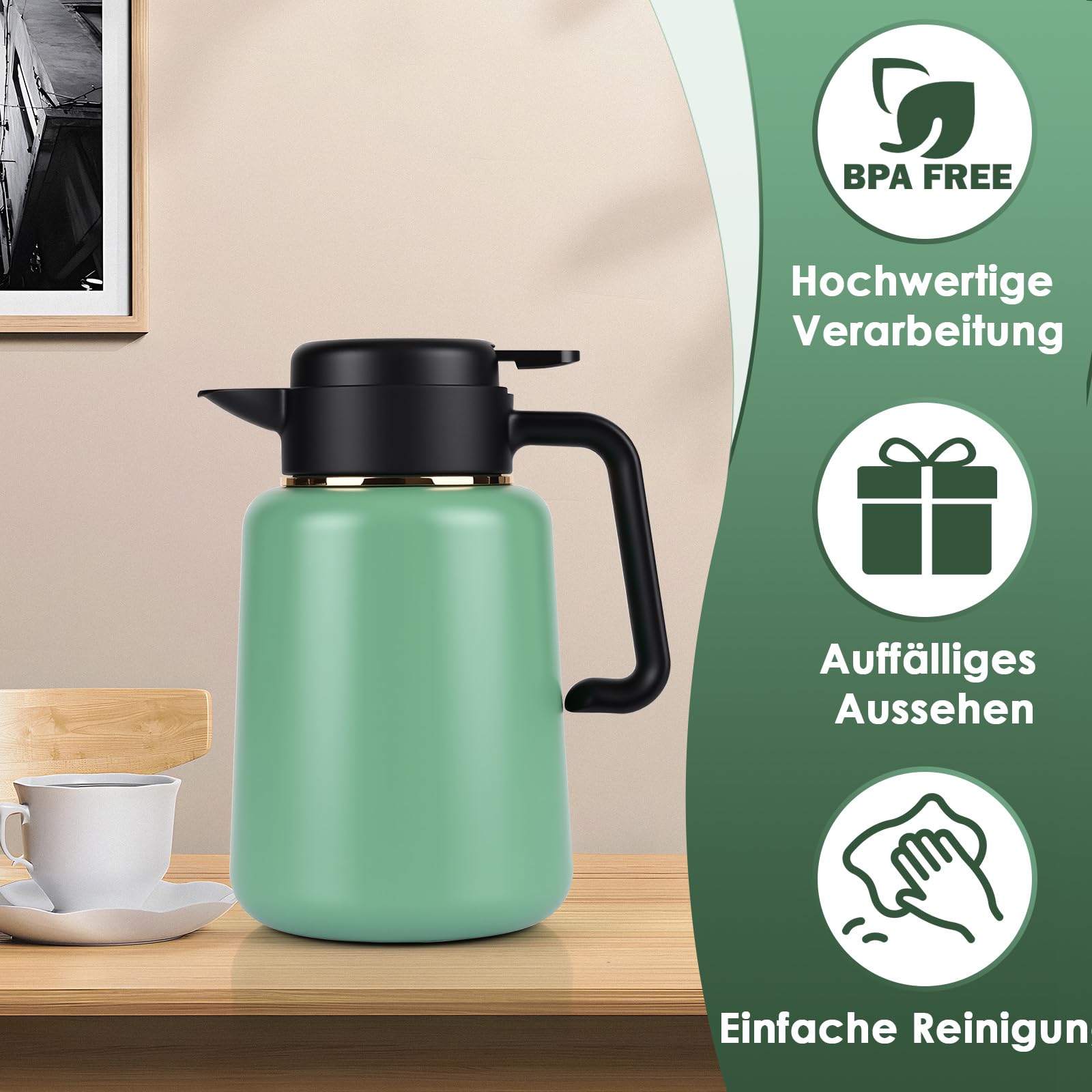 Thermoskanne 1,8-Liter mit Temperaturanzeige, Thermoskanne mit Teesieb 100% Leck & Tropfdicht, Kaffeekanne Thermo für Milch, Tee & Kaffee