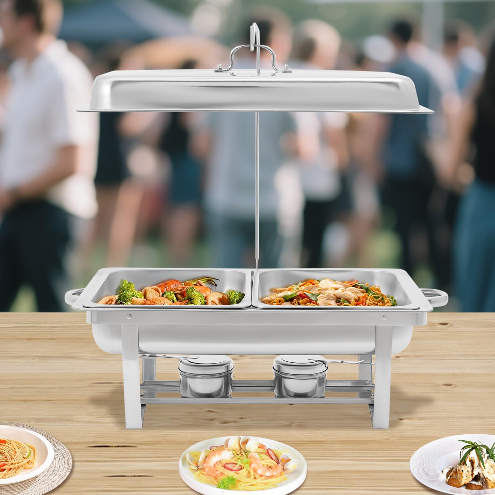 Set da buffet in acciaio inox da 9 l, scaldavivande con coperchio e 2 contenitori per combustibile, scaldavivande per feste, catering e feste di famiglia