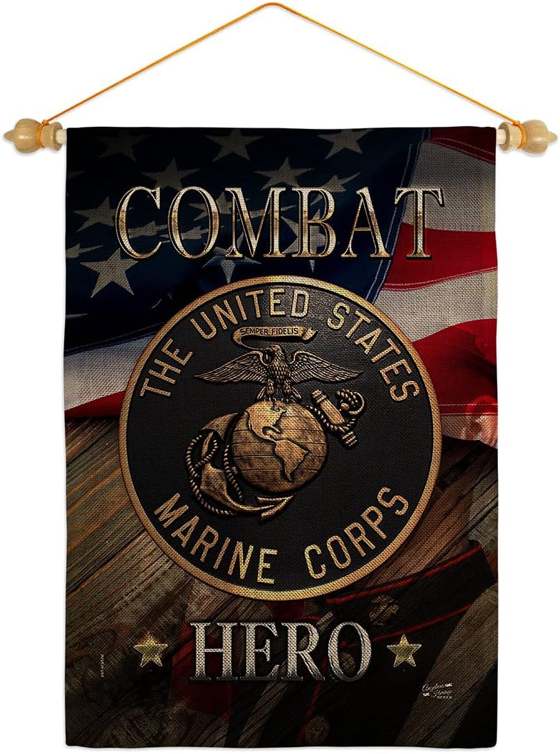 Marine Combat Hero Burlap Burlap Garden Flag Set Wood Dowel Armed Forces Corps USMC Semper Fi United State American Military Veteran Retire Official Small Gift Yard House Banner Double-Sided 13 X 18.5