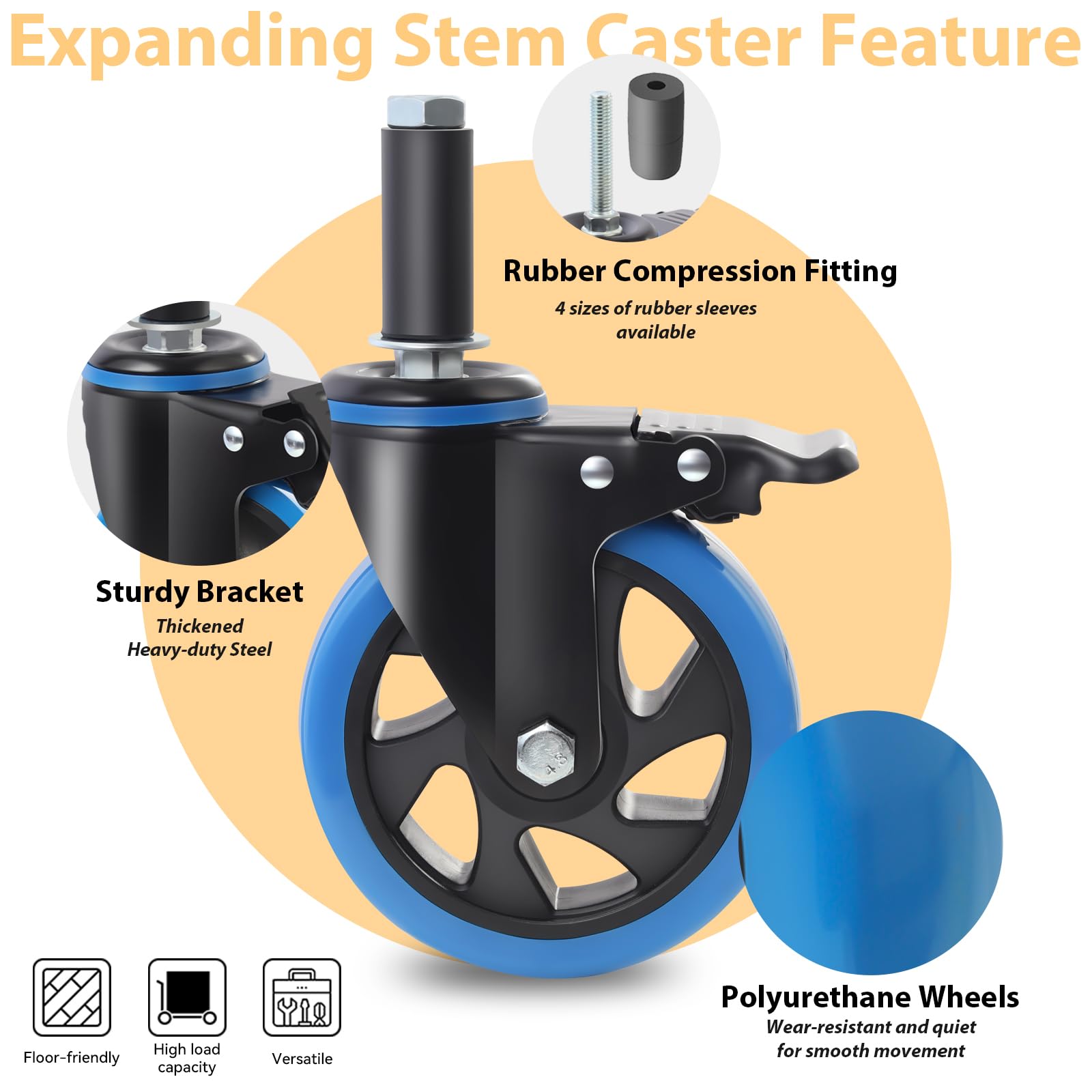 Zestaw kółek do dużych obciążeń 125 mm z hamulcem, niebieskie 10 cm, nośność 700 kg, pasuje do nóg rurowych 23 mm/28 mm/34 mm/40 mm, wysuwane kółka meblowe, przemysłowe kółka do stołu