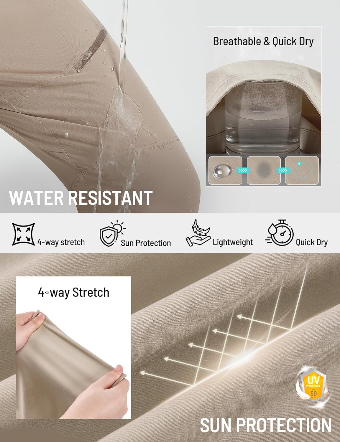 baleaf Mens Hiking Pants Waterproof Stretch Cargo Work with 6 Pockets Lightweight Elastic Waist Travel UPF 50+ Fishing