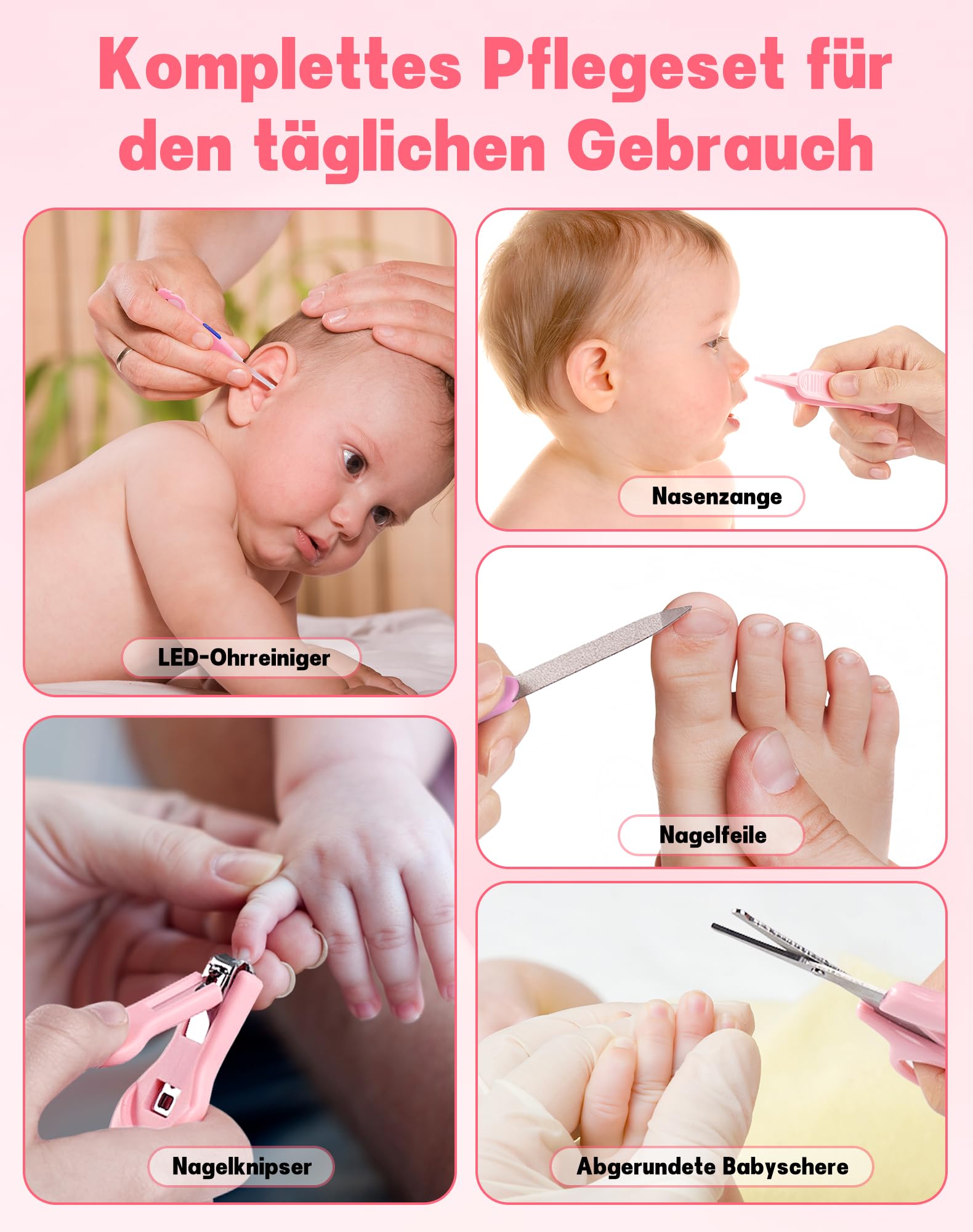 15pcs Trousse de Soin Bebe Kit Trousse de Toilette Bebe pour Prendre Soin kit de Soins pour bébé Professionnel Sans BPA Accessoires Bebe Naissance Fille pour Voyage Maison - Rose
