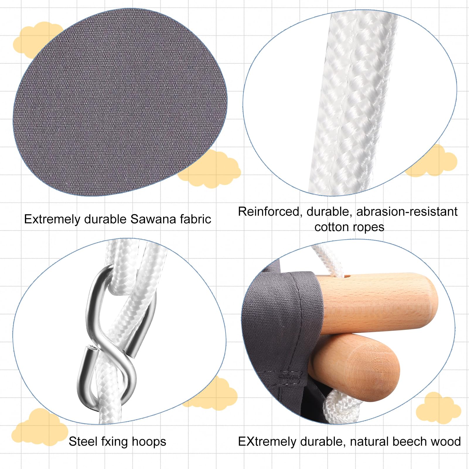 Columpio para bebé, columpio para niños, juego de asiento de madera para interior de madera, con cojín gris de algodón y cinturón de seguridad, capacidad de carga de 25 kg, para bebés y niños de 6