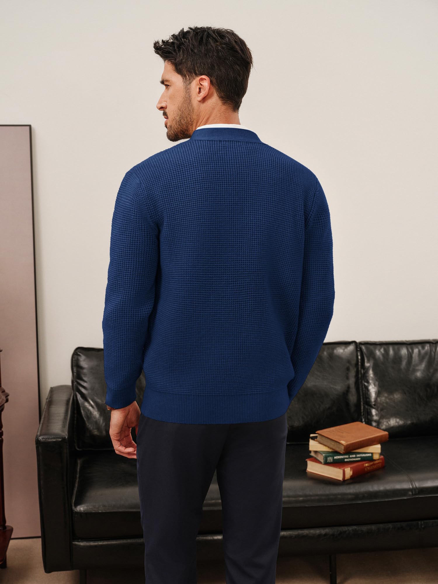 PJ PAUL JONES Cardigan gaufré pour homme - Manches longues - Col en V - Bouton Down