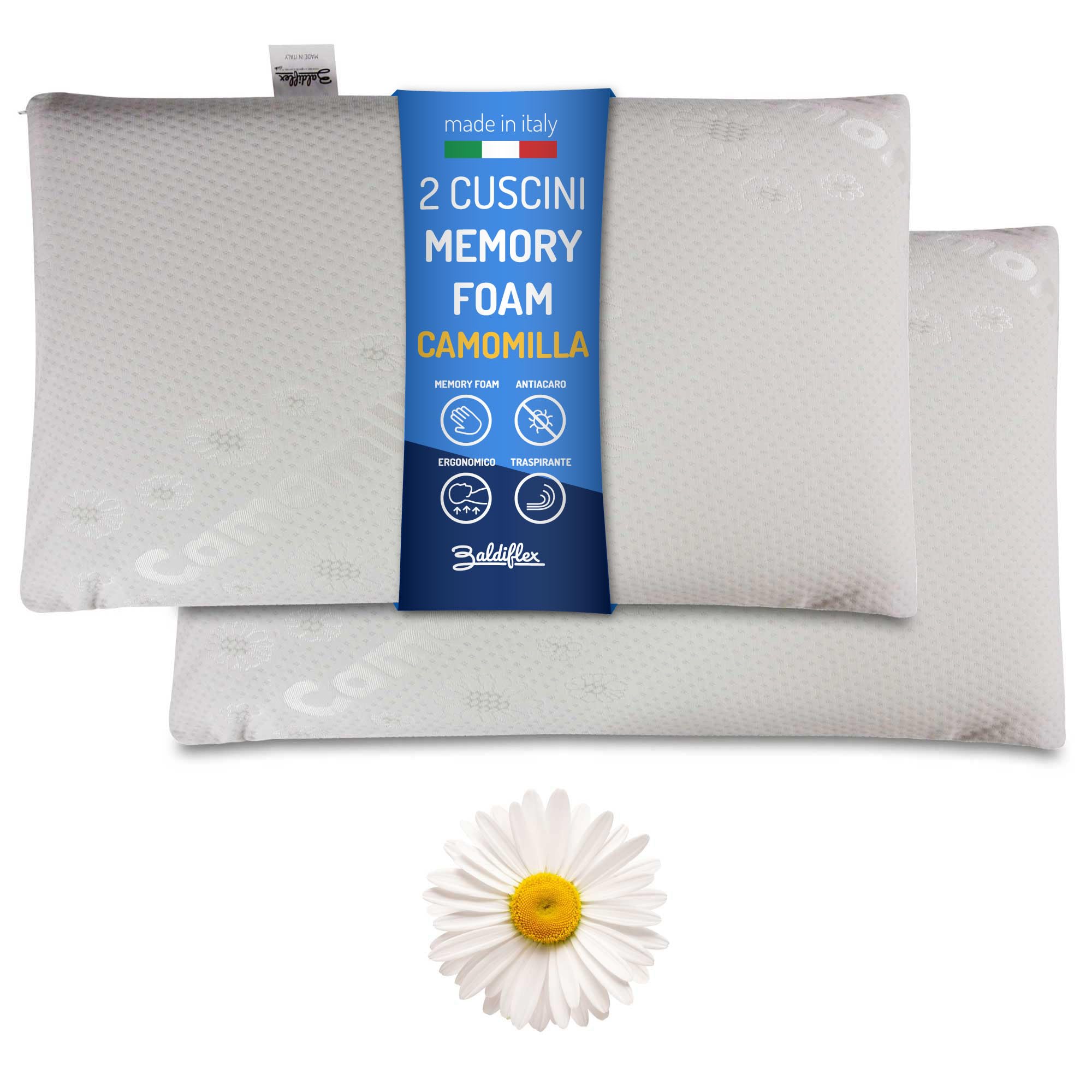 Baldiflex Emporio Para Ergonomiczna Pianka Pamięci Kostka mydła, Podszewka Rumianek Relaksujący, Zdejmowany i zmywalny, Rozmiar 40x70 cm wysokości 11 cm, Przeciwerwidowisko