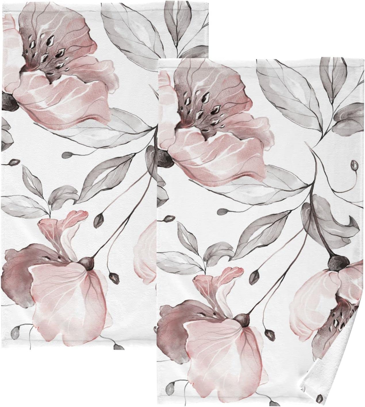 ALAZA Pink Rose Flower Gray Leaves Hand Towels for Bathroom Set of 2 Soft 100 Percent Cotton Towel Luxury Decorative Bath Towels Highly Absorbent Face Towel 16" X 28"