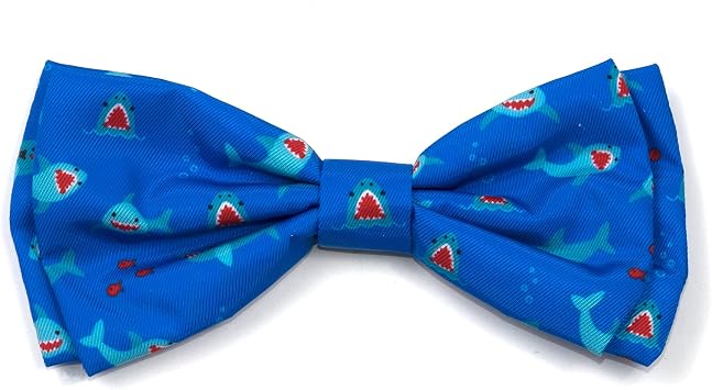 THE WORTHY DOG Pet Bow Tie for Dogs & Cats Soft Printed Polyester Collar Bow Tie with Touch Fastener, Attaches to Any Collar - Chomp Pattern, Blue, Large