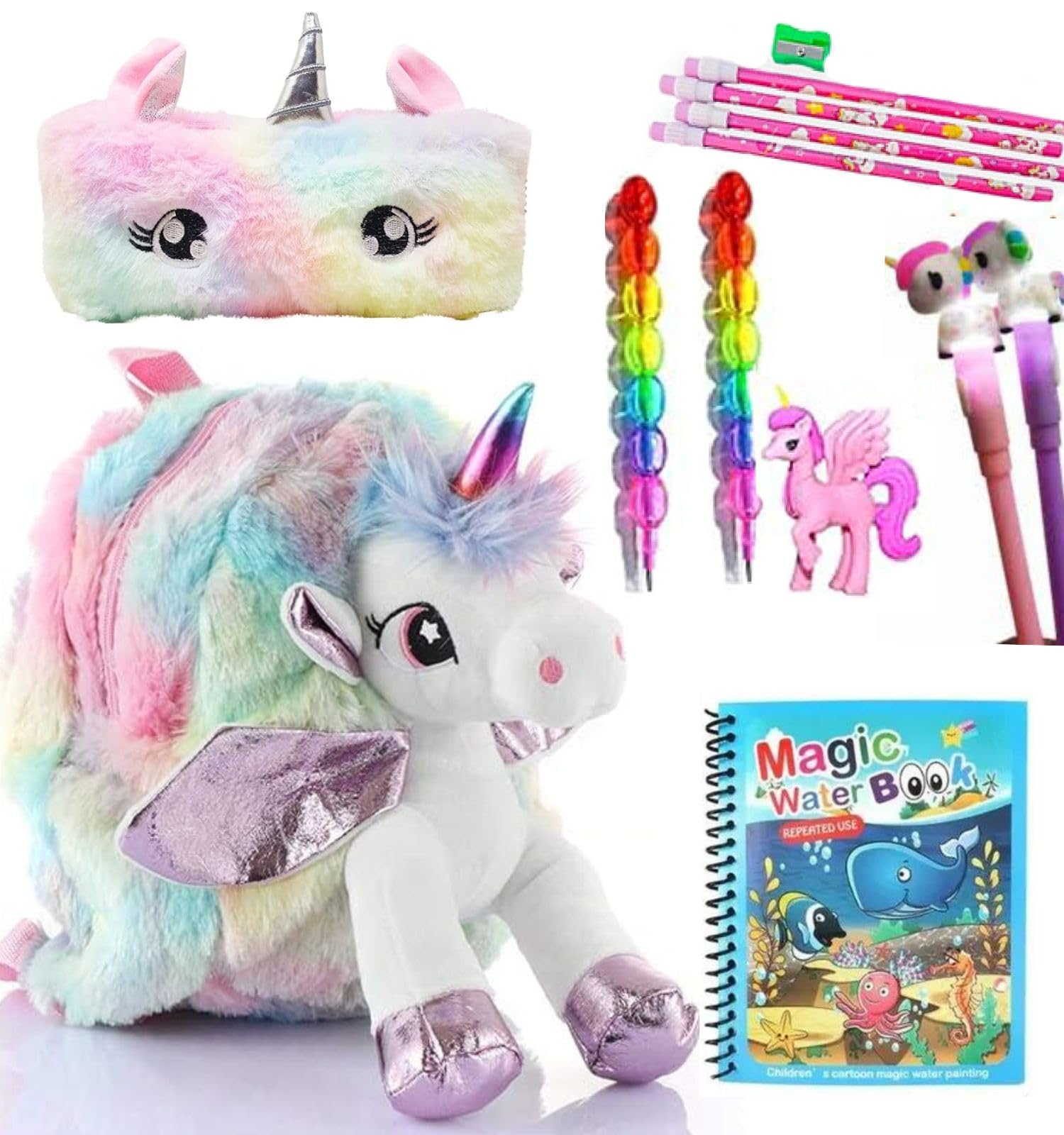 Unicorn Themed Stationery and Accessory Set| Included: Fluffy Unicorn Backpack, Fur unicorn Pouch,LED Unicorn Pens,6 Multi Color Pencils With Eraser,Sharpener & Magic Water Painting Book (B0DHD92VJP) Amazon Price History, Amazon Price Tracker