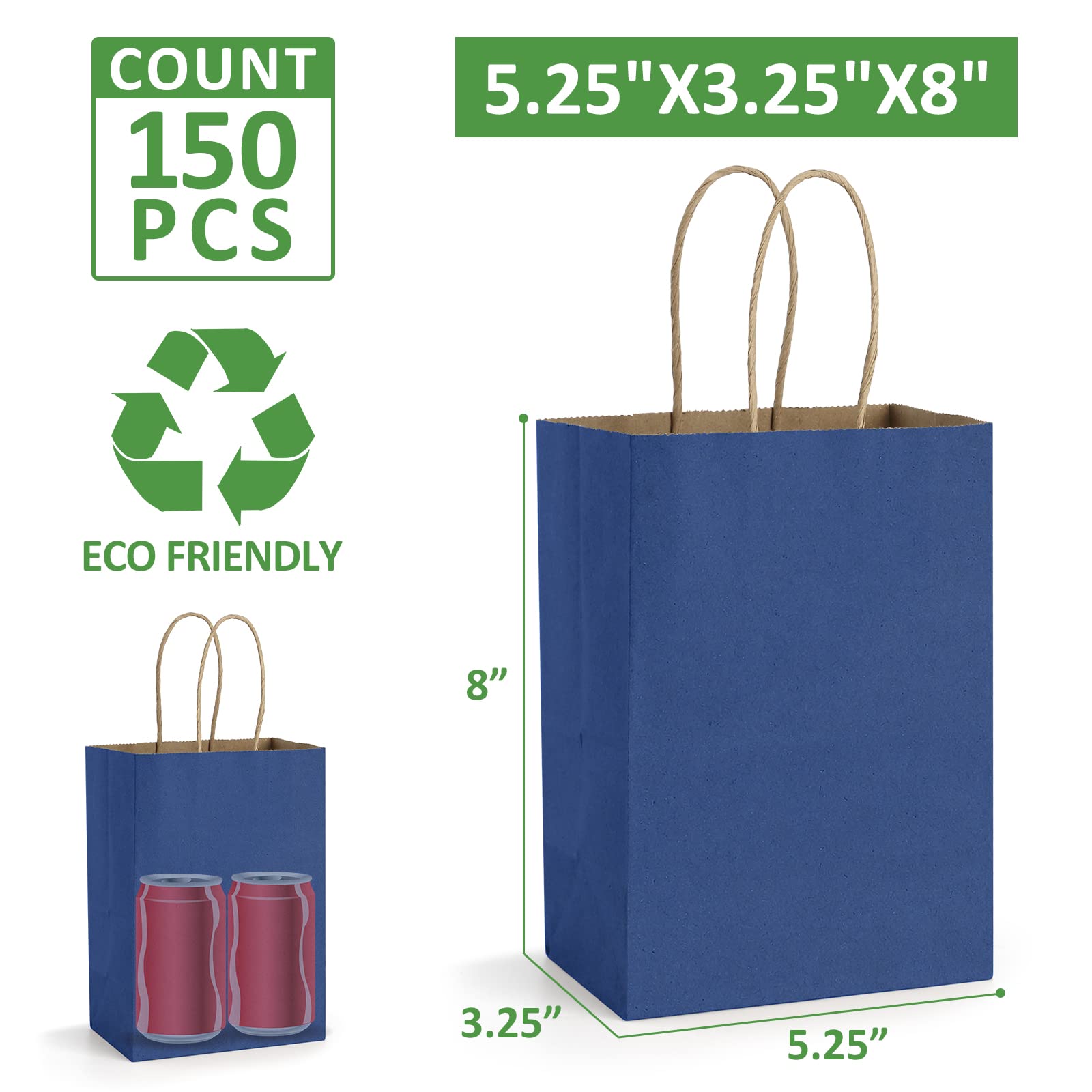 BAG BOX 100 Pack Blue Kraft Paper Gift Bags With Handles - 5.9x3.1x8.25 Inches For Parties, Retail, Favors - View #7