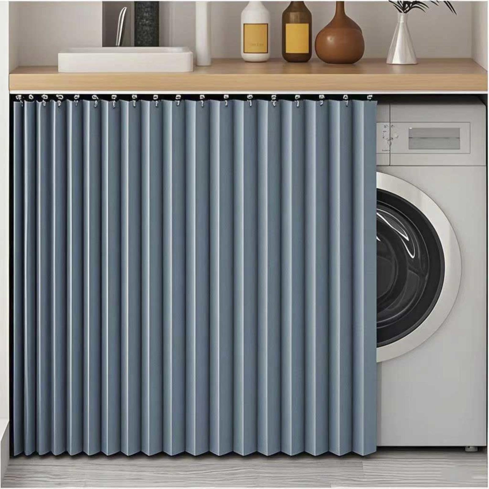 YZBZNG Cabinet Curtain for Kitchen Under Sink,magnetic Accordion Door Curtain,no-drill Self-adhesive Track Short Cabinet Curtains for Under Sink, Pantry,Blue-W80cm/H110cm