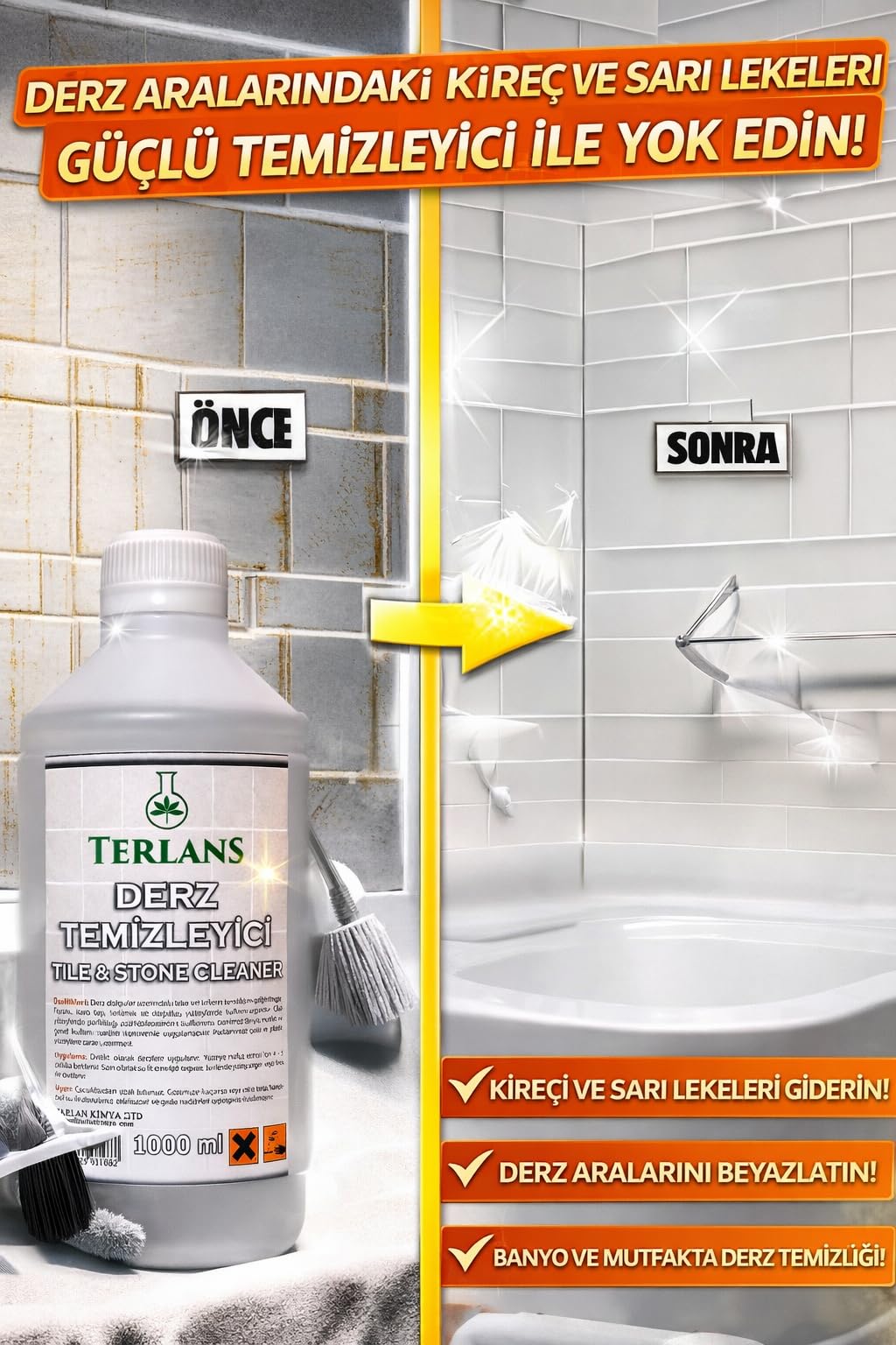 TERLANS Fayans Arası Derz Temizleyici Tuvalet Taşı Temizleyici Tile & Stone Cleaner 1000 ml