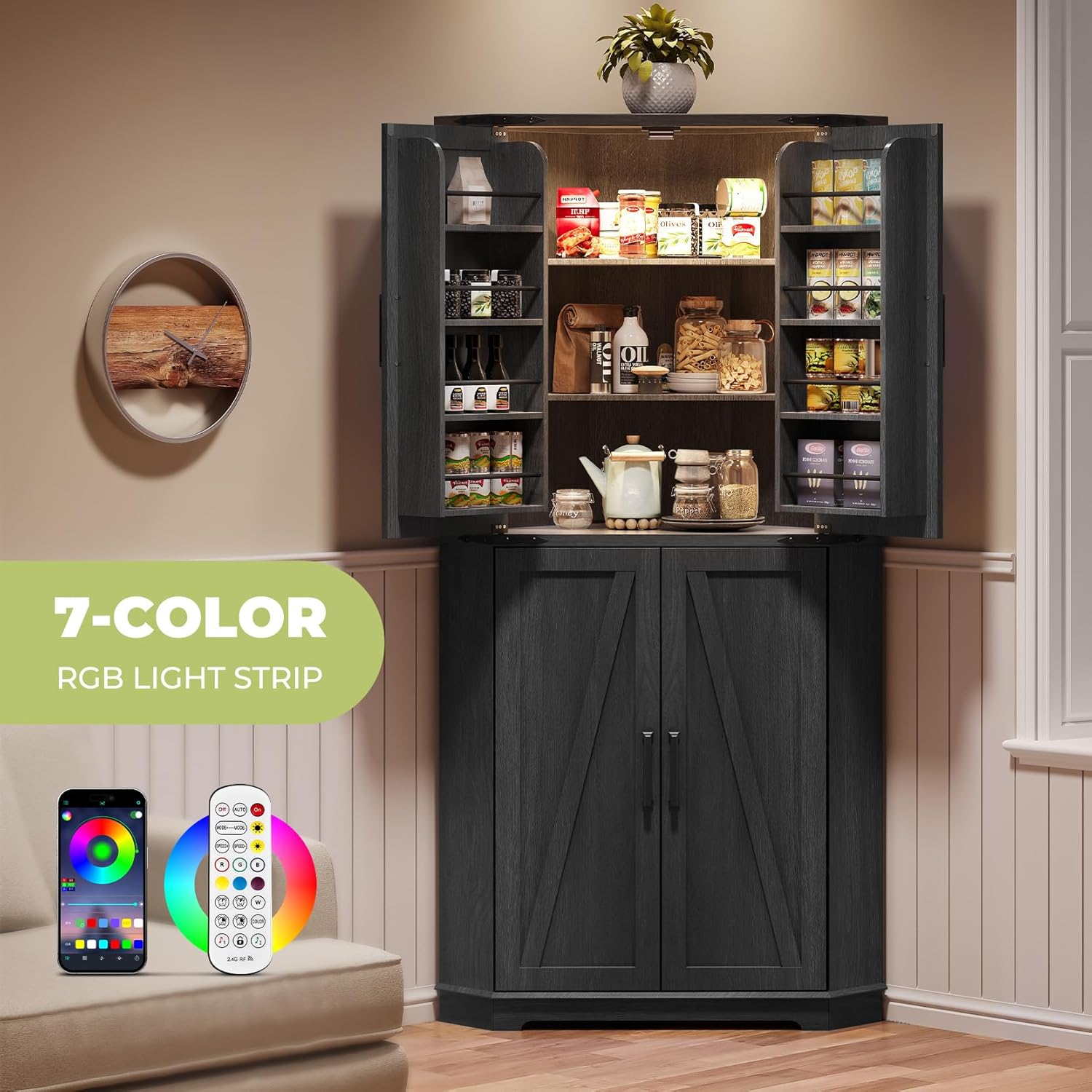 Dripex 71" Corner Cabinet Black, Farmhouse Kitchen Pantry Cabinet with Doors Storage & Adjustable Shelves, Tall Corner Storage Cabinet with LED Light, Food Pantry for Living Room, Dining Room