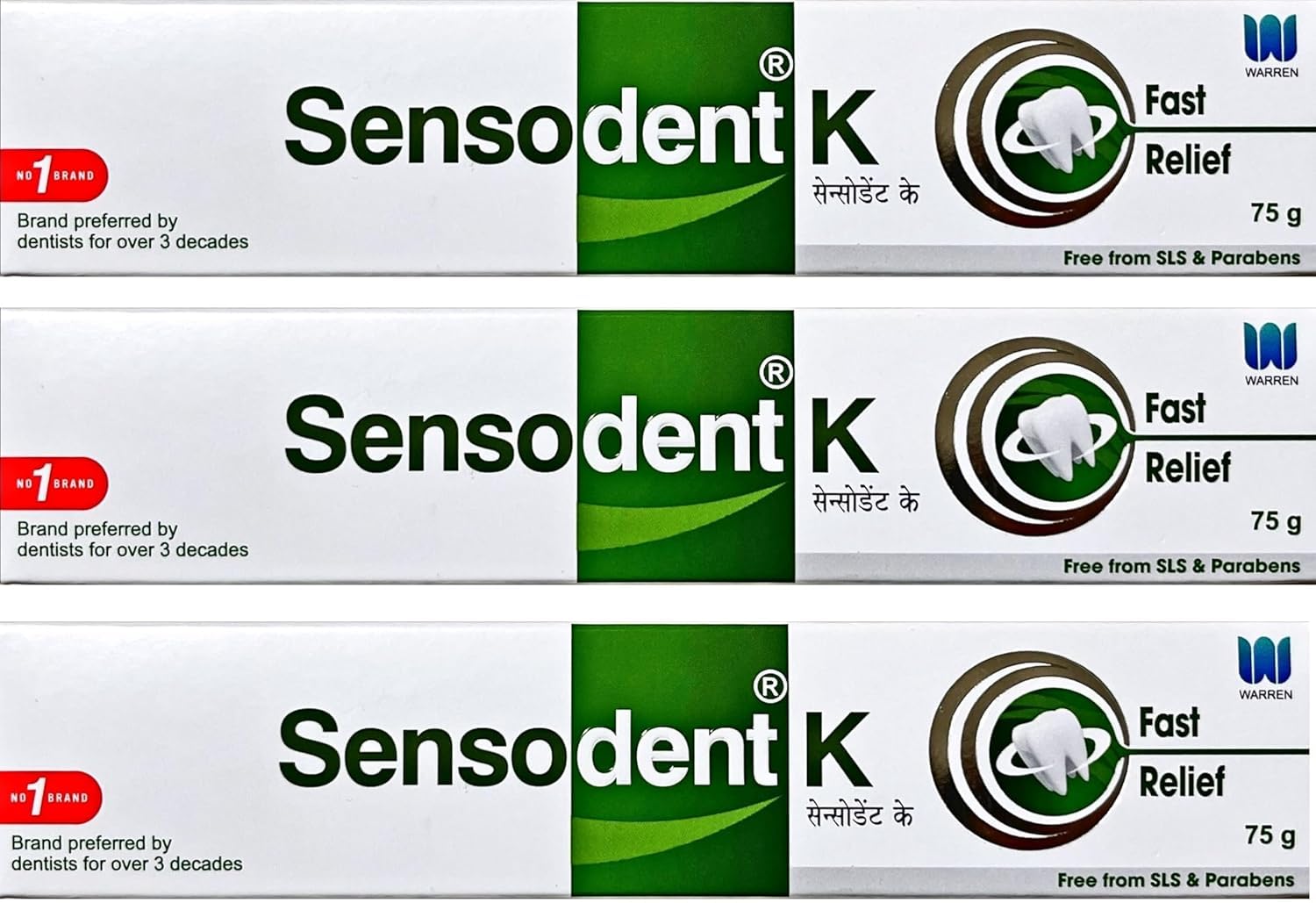 SENSODENT K Toothpaste for Fast Relief 75 g (Pack of 3) - Free from SLS & Parabens