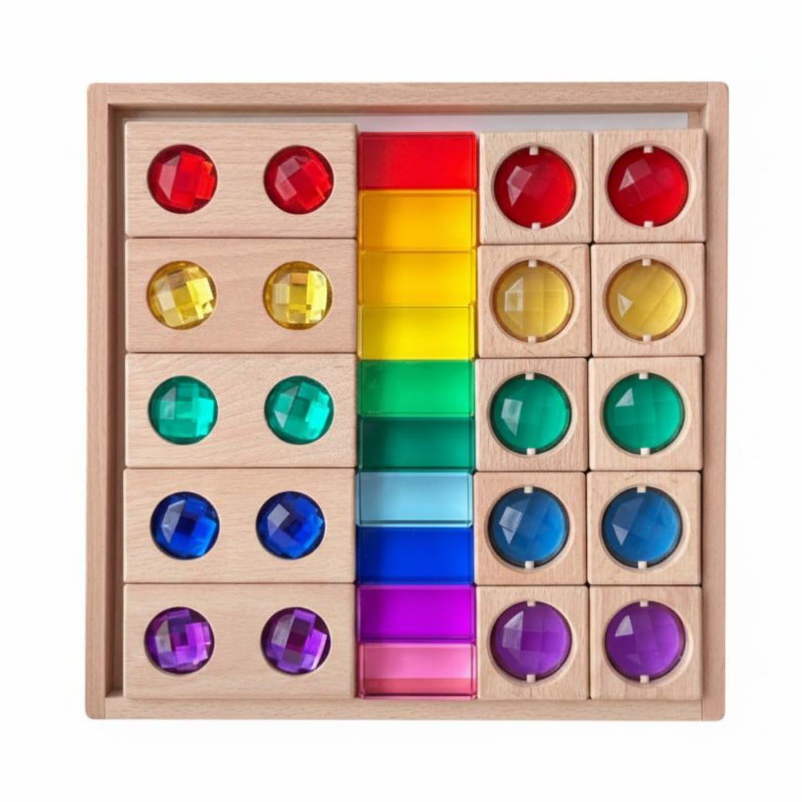 Blocchi Acrilici per Bambini Set di Gemme Cubi Educativi Blocchi Sensoriali Vassoio in Legno Gioco Manipolativo per Riconoscere Colori Forme Pattern Adatti a Scuola Casa Aula