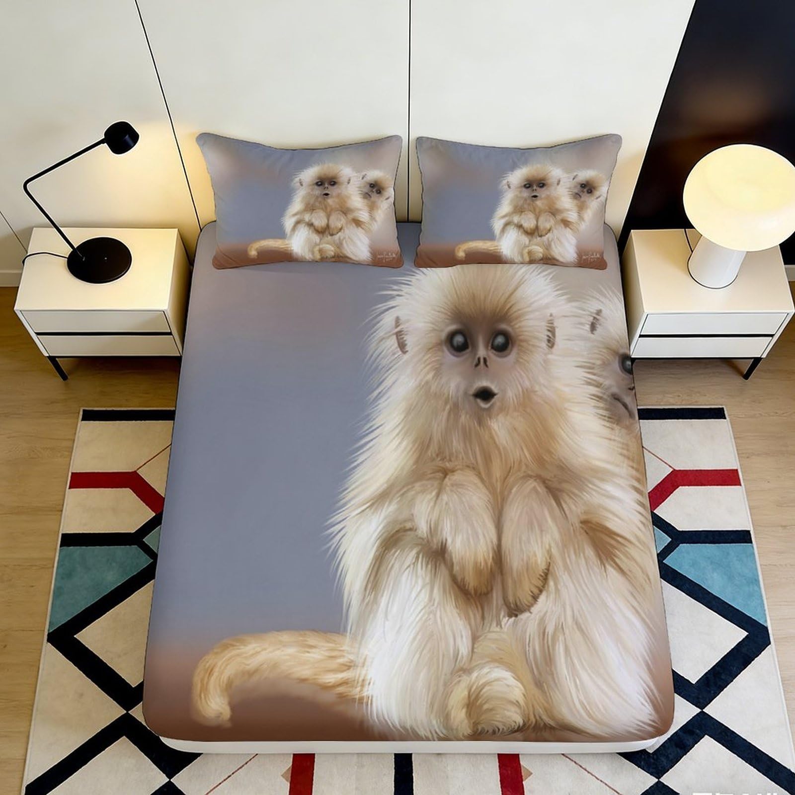 3D Printed Golden Monkey Fitted Sheet Microfiber Deep Pocket Non-Slip Golden Monkey Mattress Fitted Cover for Bedroom 140x200x25cm