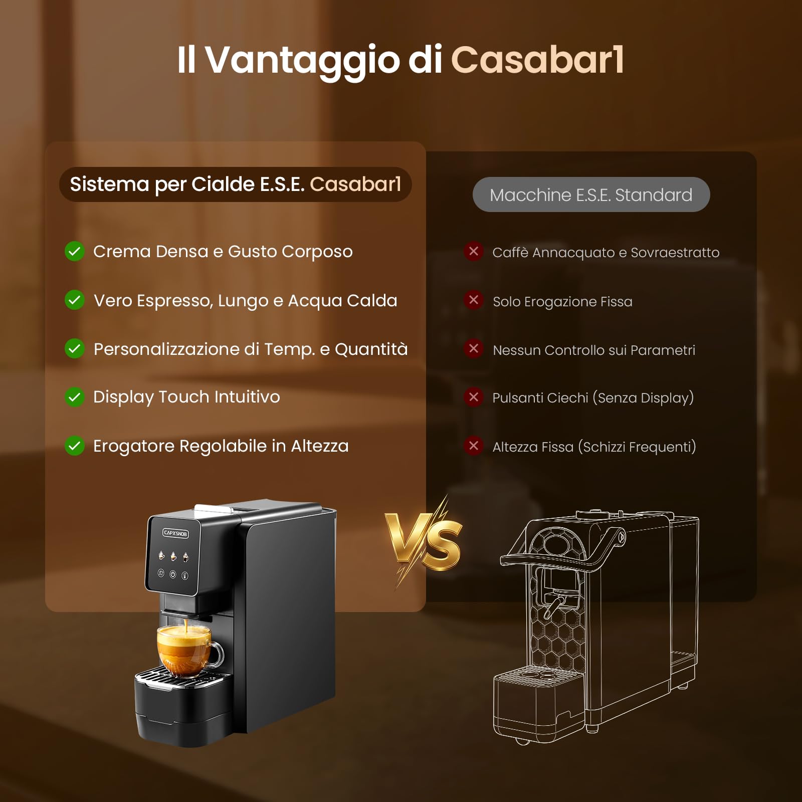 Casabar1 Macchina da Caffè per Cialde E.S.E. 44mm, Touchscreen, 4 Bevande | Pompa Italiana 19 Bar, Pre-infusione, Temp. e Quantità Regolabili, Bypass Americano, Macchina Espresso per Casa e Ufficio