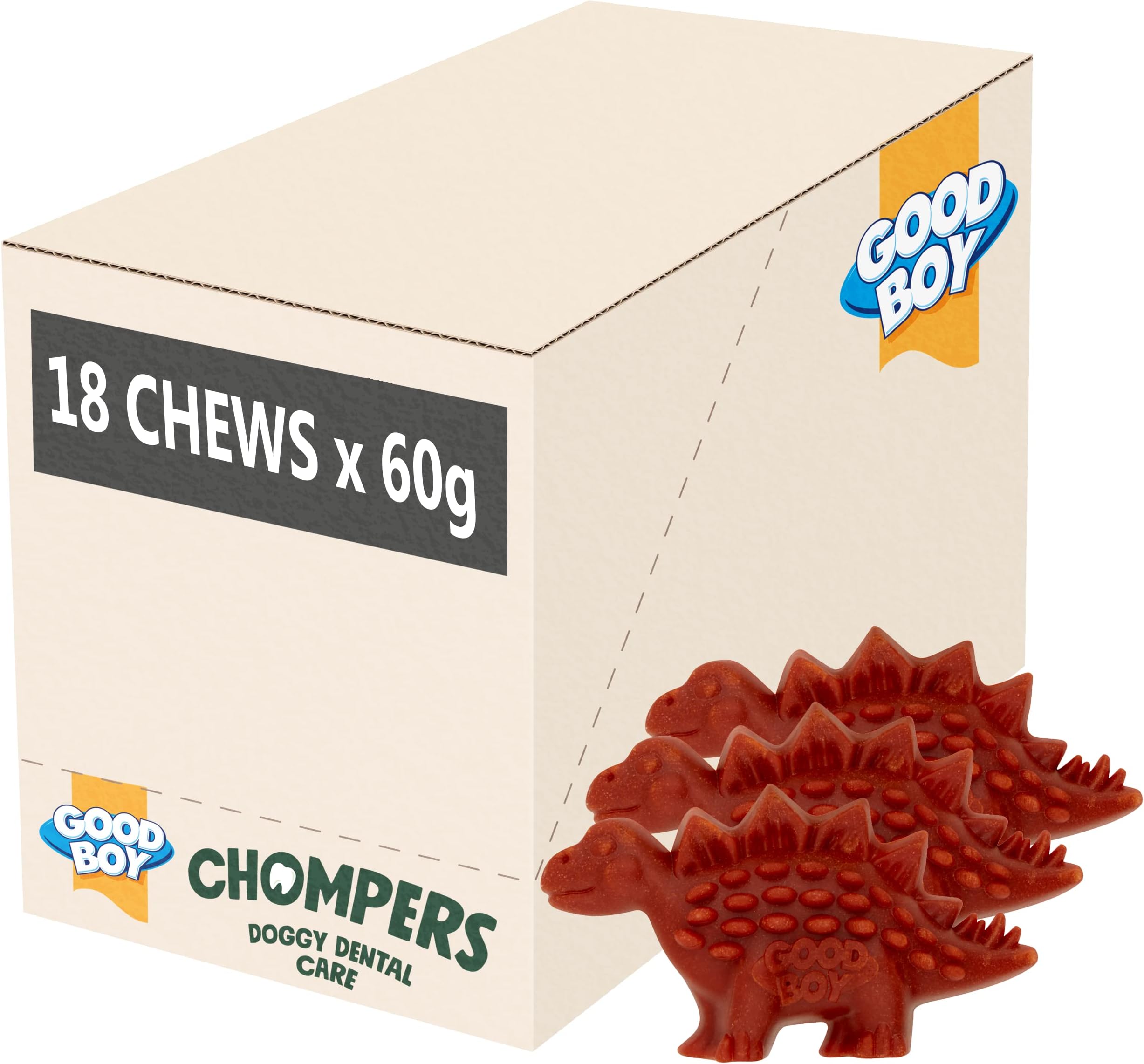 – Chompers Dinosaur - Natural Dog Treats - Low Fat Dental Stick - Bulk Box - 18 Pieces