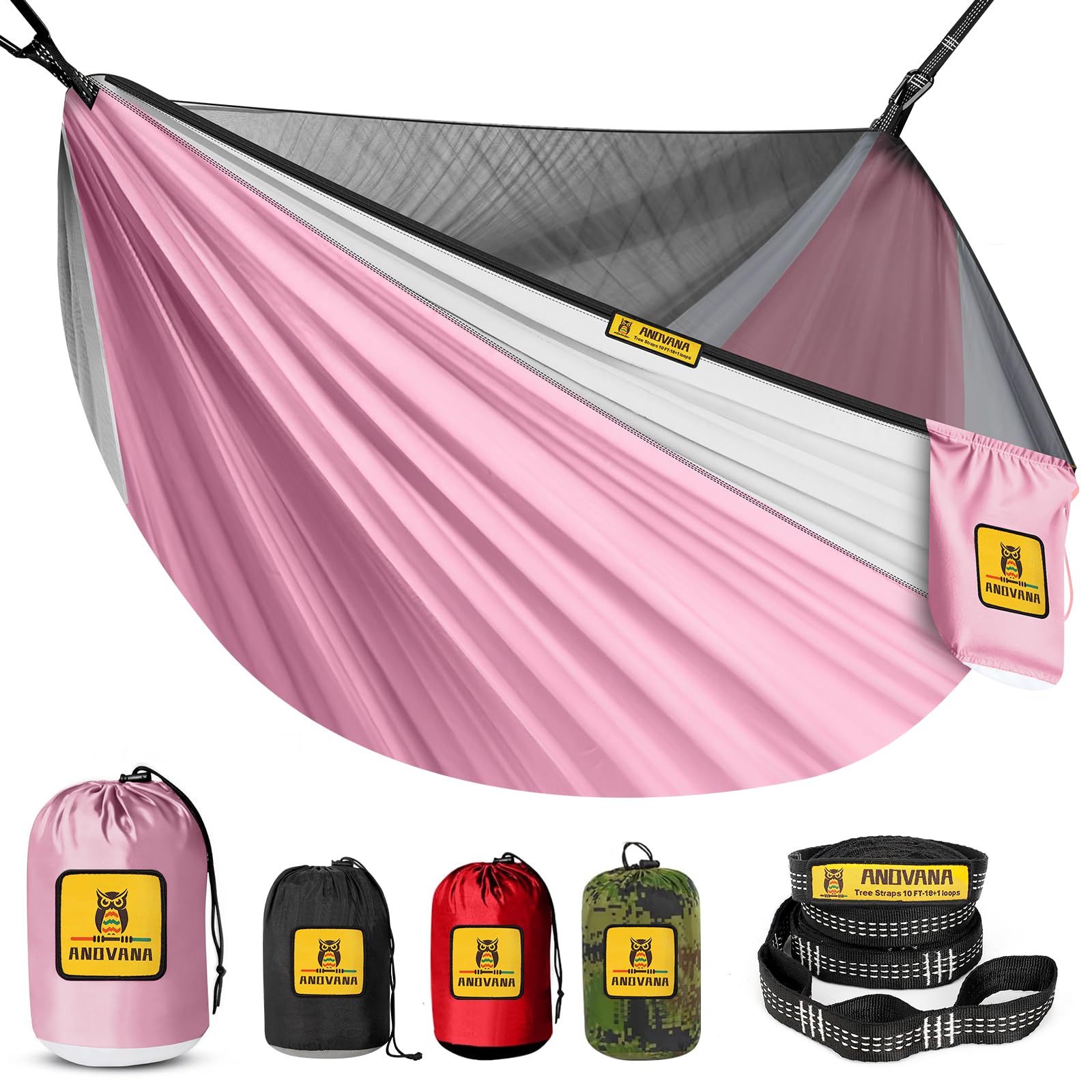 Small Camping Hammock with Mosquito Net, 450 lbs Portable Hammock with Tree Straps, 2-in-1 Double/Single Travel Hammocks, Hammock for Outside/Indoor/Backpacking/Beach - Pink &amp; White