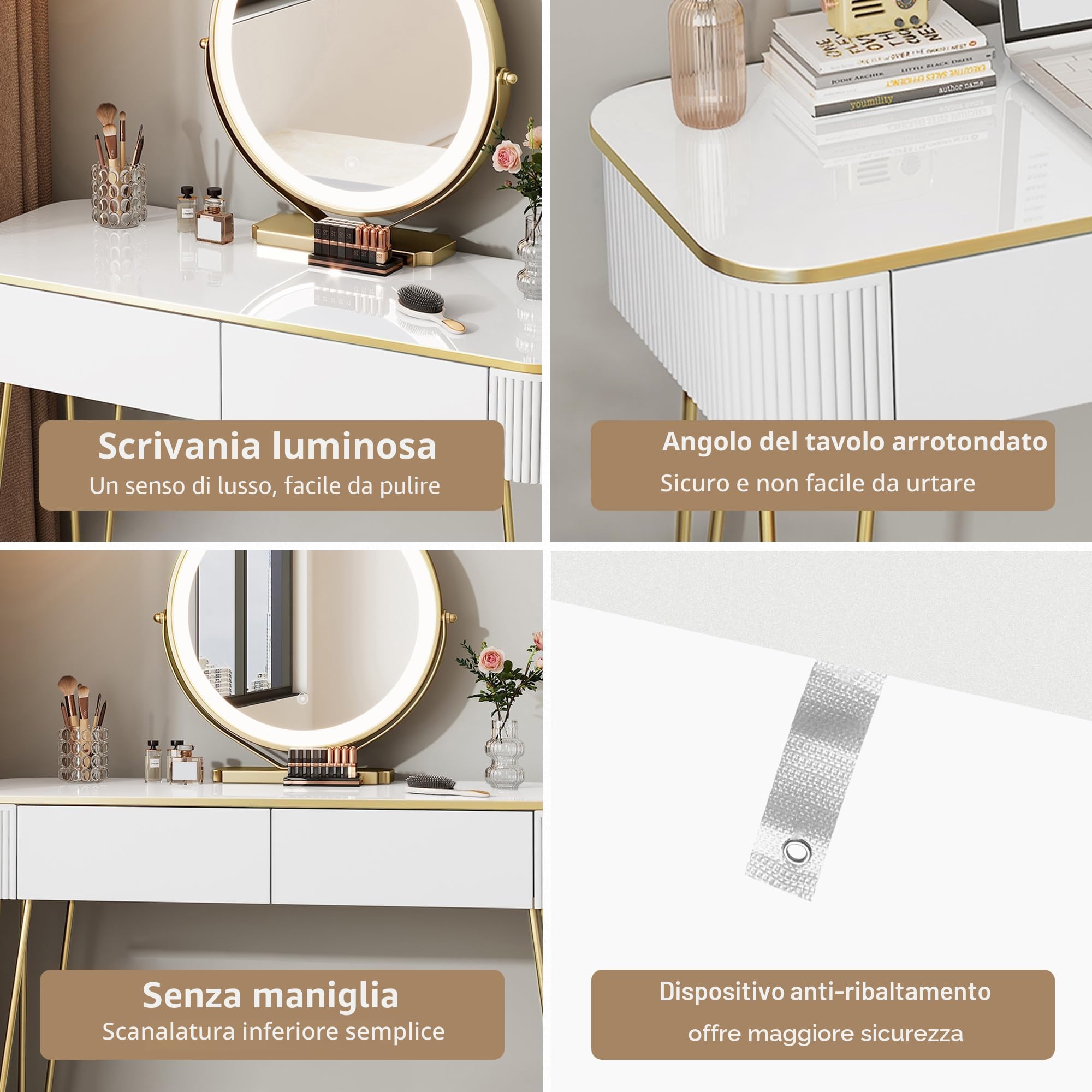 EUGAD Toeletta da Trucco con Luci LED, Luminosità Regolabile, Postazione Trucco con Specchio, 2 Cassetti in Legno, Piano Lucido 100x40 cm, Moderno, Bianco + Oro