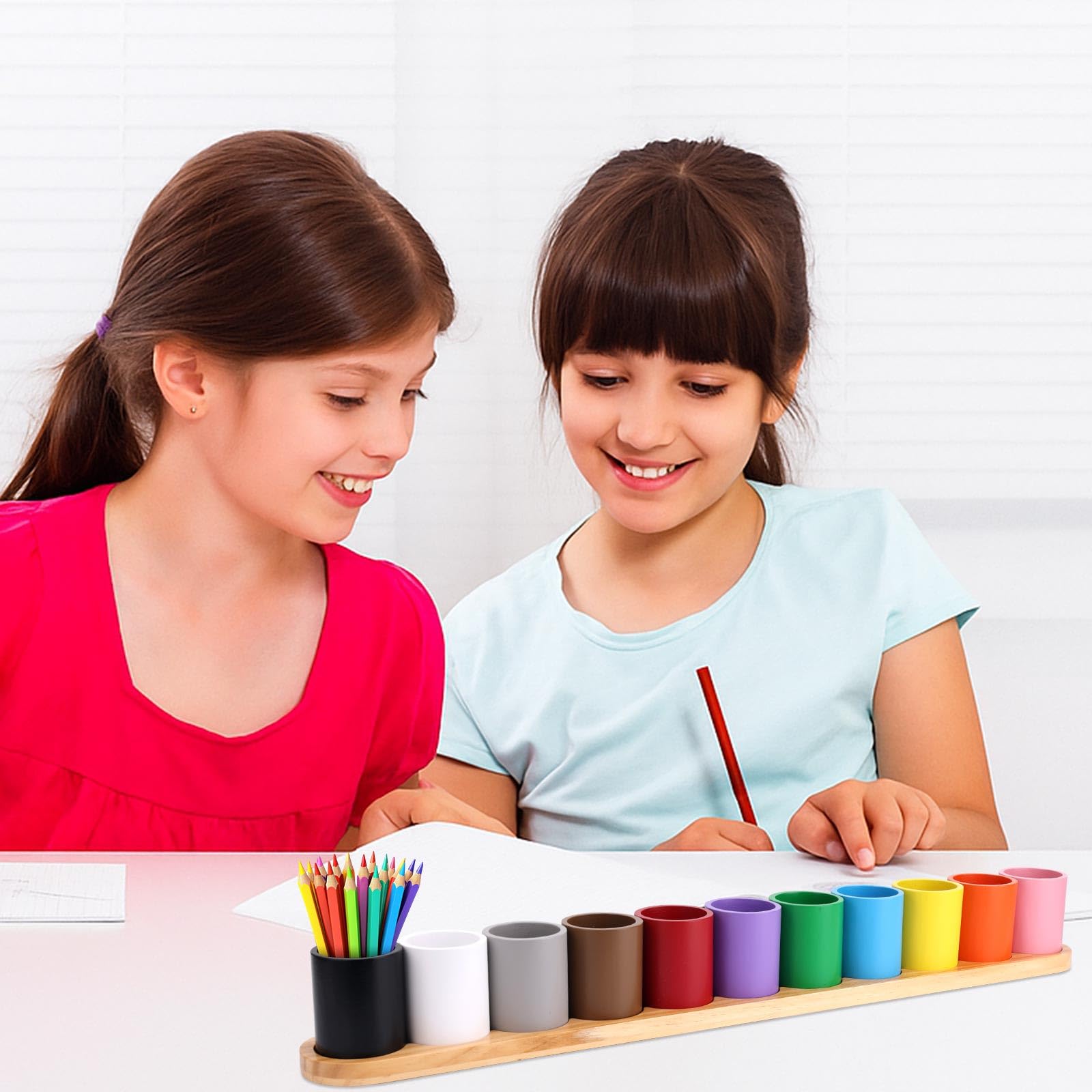 Pot à Crayons de Couleur en Bois, Pot à Crayons Pots Crayon de Couleur en Bois avec 11 Compartiments Amovibles Pots Crayon pour Bureau d'Enfants Fournitures Scolaires Domicile
