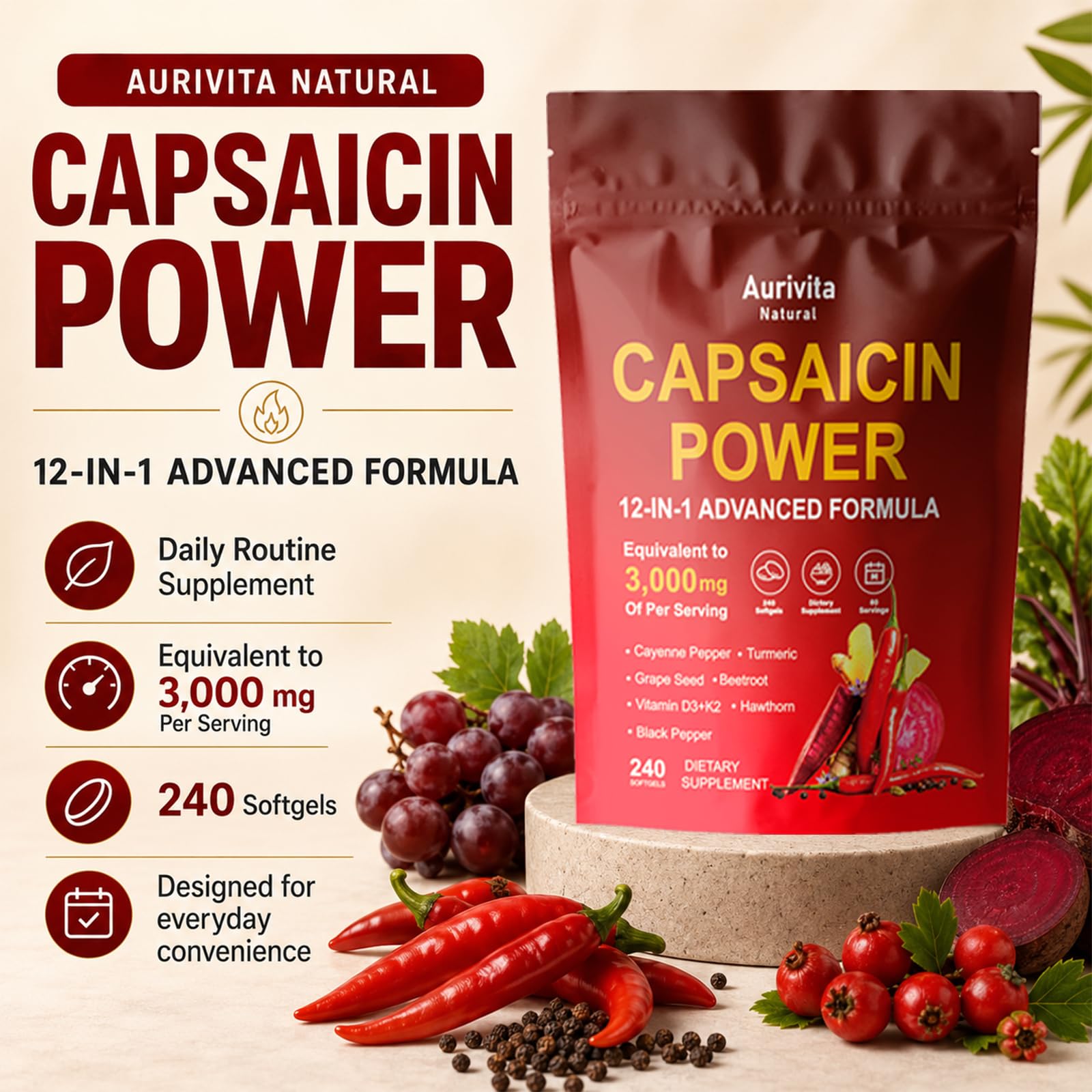Aurivita Natural Capsaicin Softgels,Aurivita Natural Capsaicin Power,240 Capsules (1pcs) — Amazon image 2