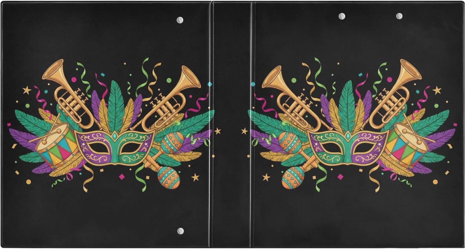 Mardi Gras Carnival Masks 3 Ring Binders, 1.5” Round Ring Binders with Clipboard - Letter Size, 3 Interior PVC Clear Pockets & Anti-Slip Clip for Office School Supplies, 2PCS