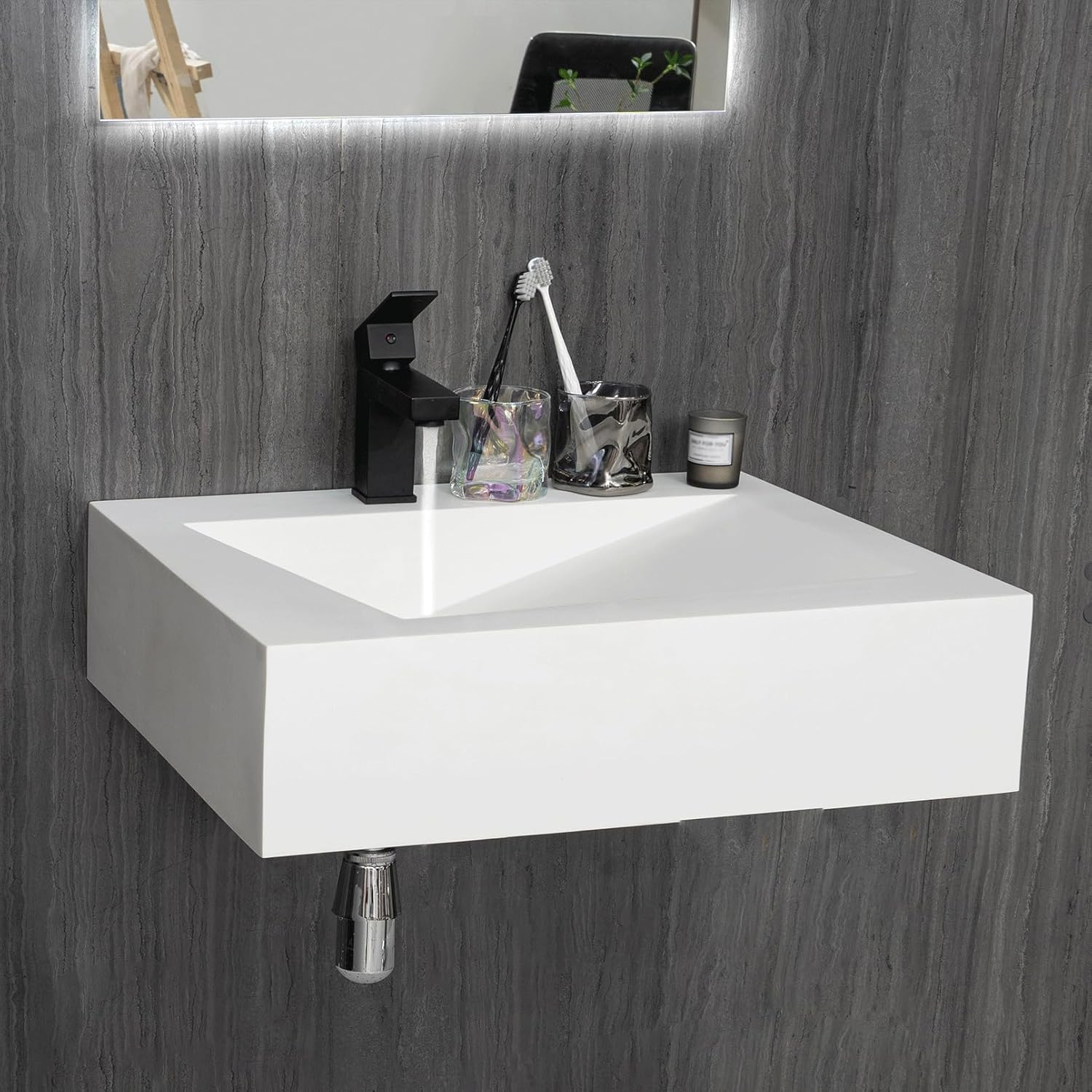 Gesipor 24”x19" Wall-Mount Stone Resin Bathroom Sink Rectangular Vessel Sinks for Bathroom Floating Vanity Sink Trough Modern Art Basin