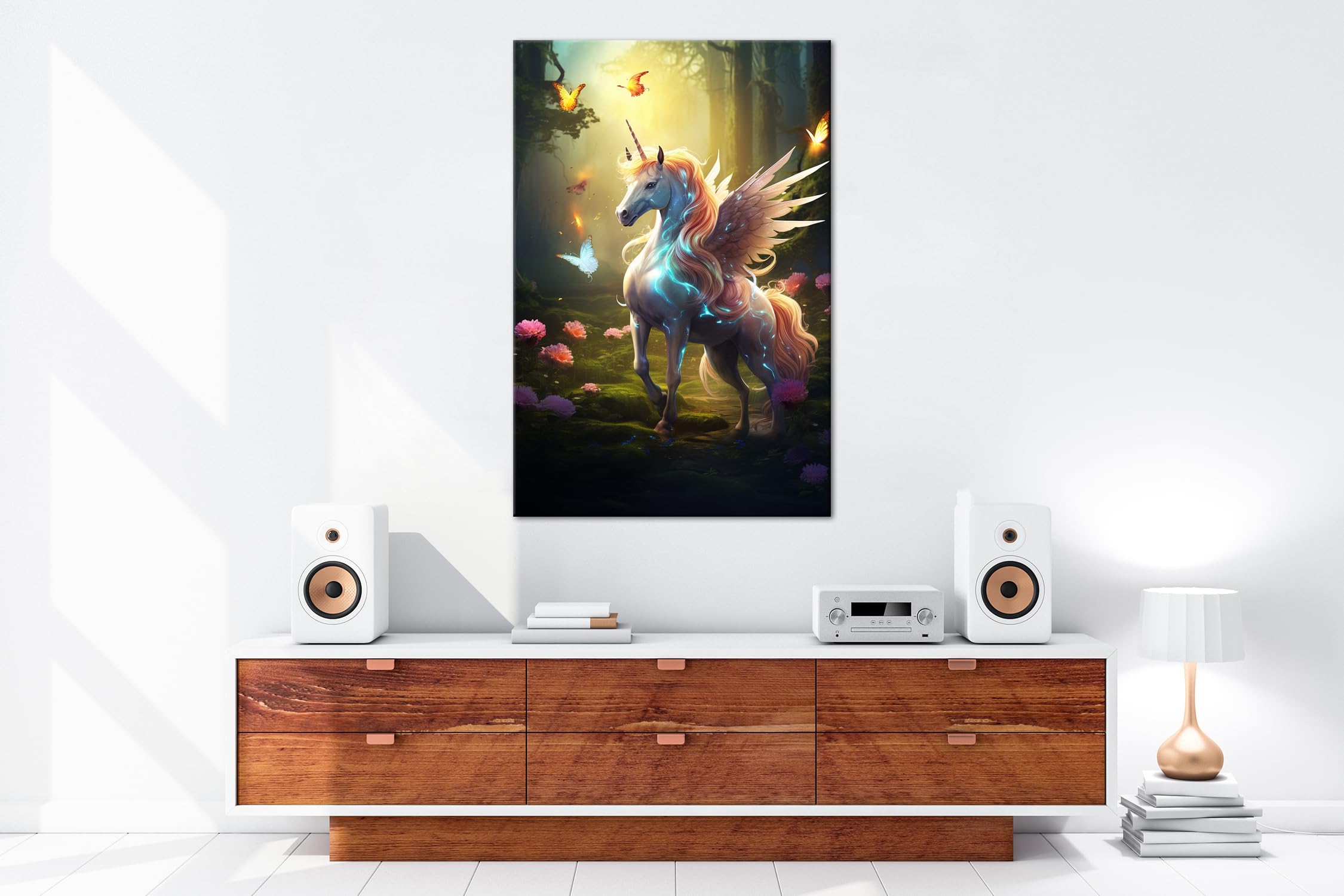 deyoli Magisches Einhorn – Lichtwesen im Zauberwald Format: 80x60cm XXL Kunstdruck Motiv auf Holzrahmen/Leinwandbild/Wandbild/Wohnzimmer Dekoration