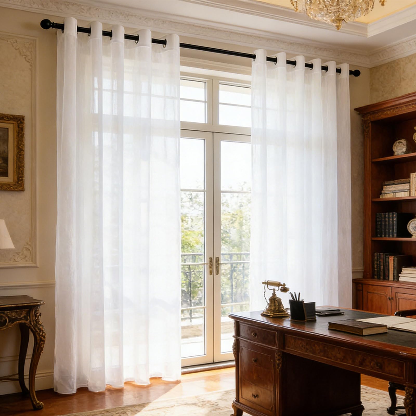 Rideau voilage 255 x 290 cm blanc translucide à œillets pour salon