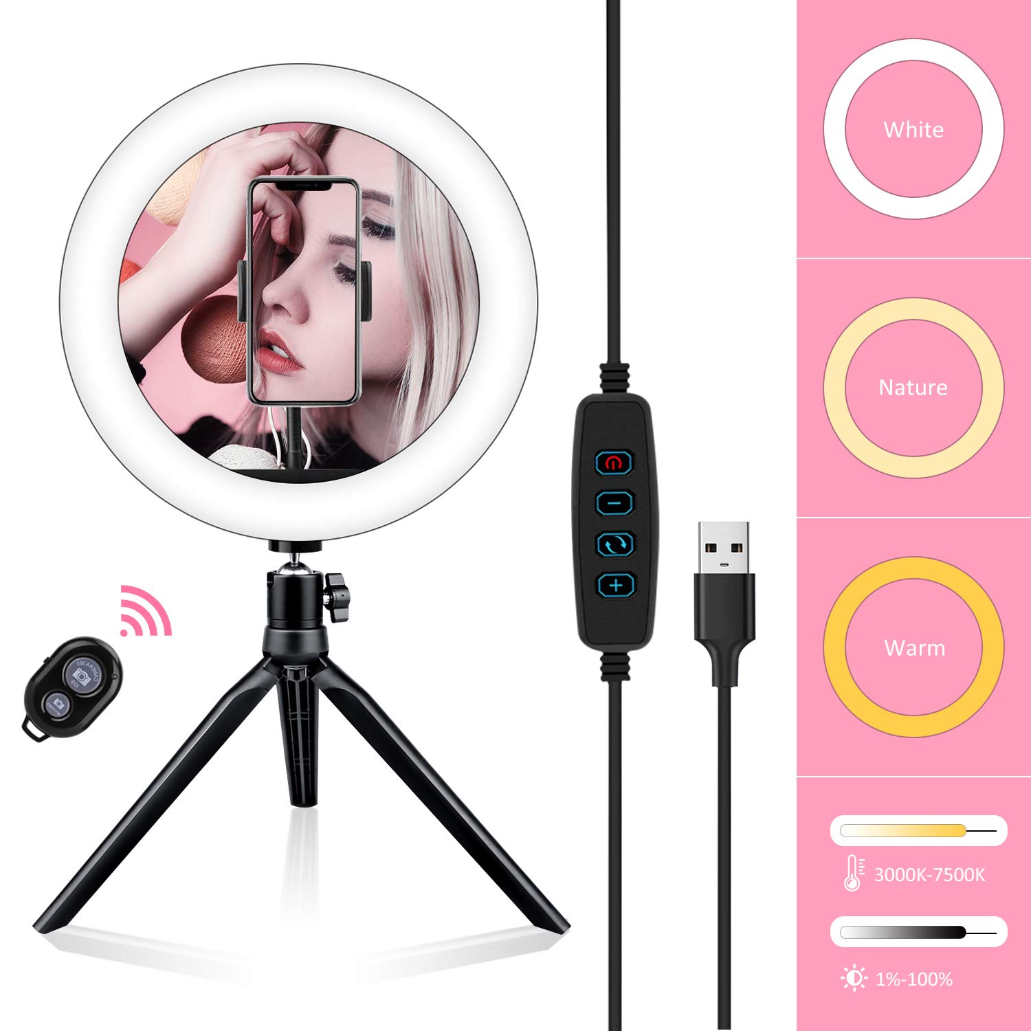 Samuyang 10" Selfie Ring Light with Tripod Stand & Phone Holder,Mini Desktop LED Portable Dimmible Makeup Ringlight for Photography, Pictures,Live Stream, YouTube Video, Shooting,TikTok