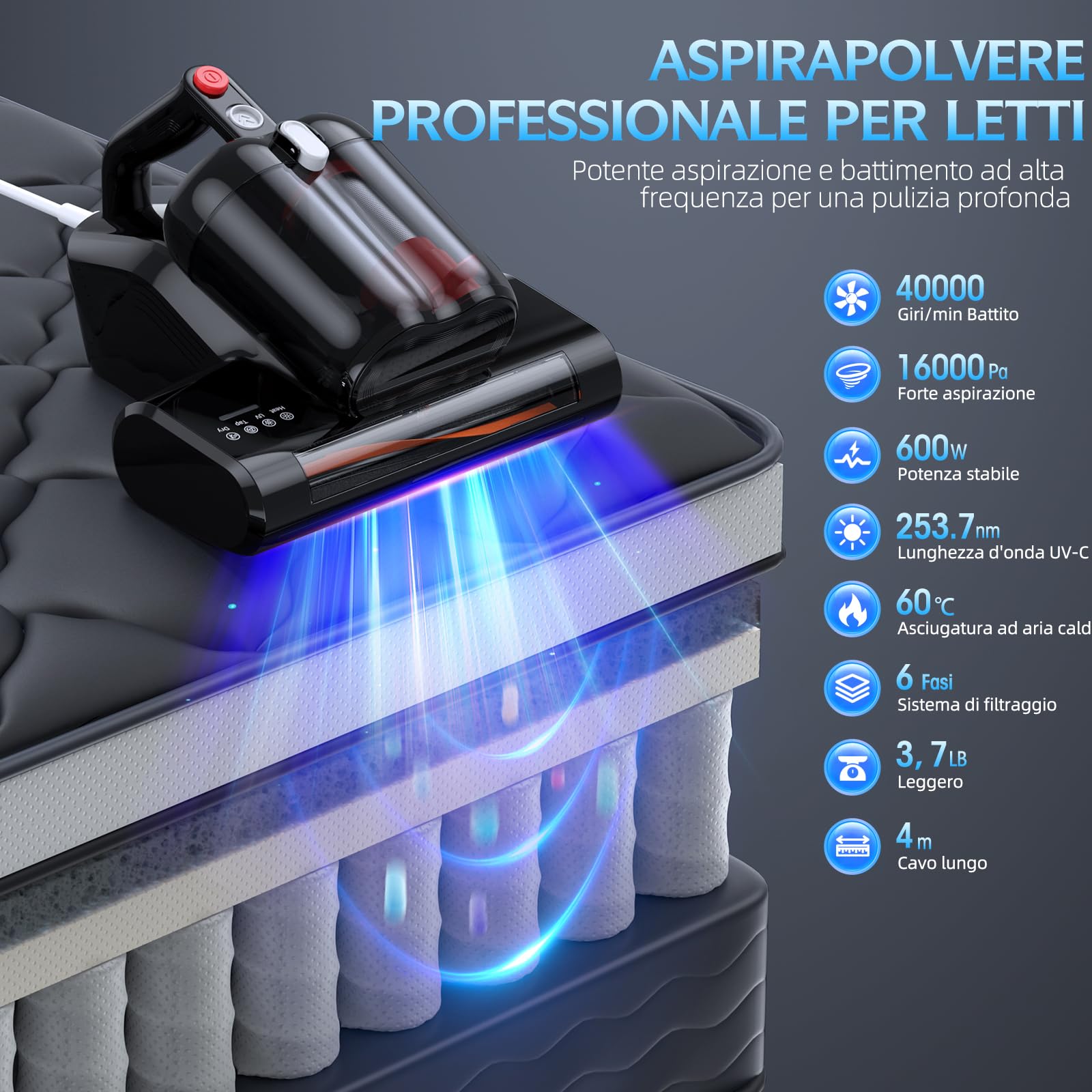 Aspirapolvere per Materassi Battimaterasso con Luce UV-C a 253,7nm 16Kpa Aspirazione Filtro HEPA Riscaldamento Funzione 40000 Rpm/Min Rotazione Aspiratore Antiacaro Rimuove Allergeni 600W con Filo
