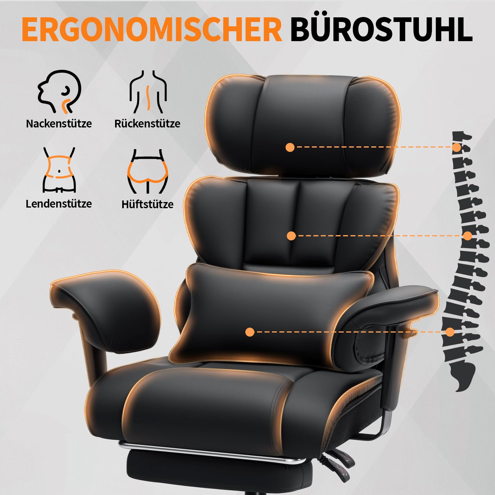 HOFFREE Ergonomischer Bürostuhl für schwergewichtige Personen bis 200kg – PU Leder Chefsessel mit Fußstütze, Hoher Rückenlehne, Verstellbaren Armlehnen und Lendenwirbelstütze in Schwarz