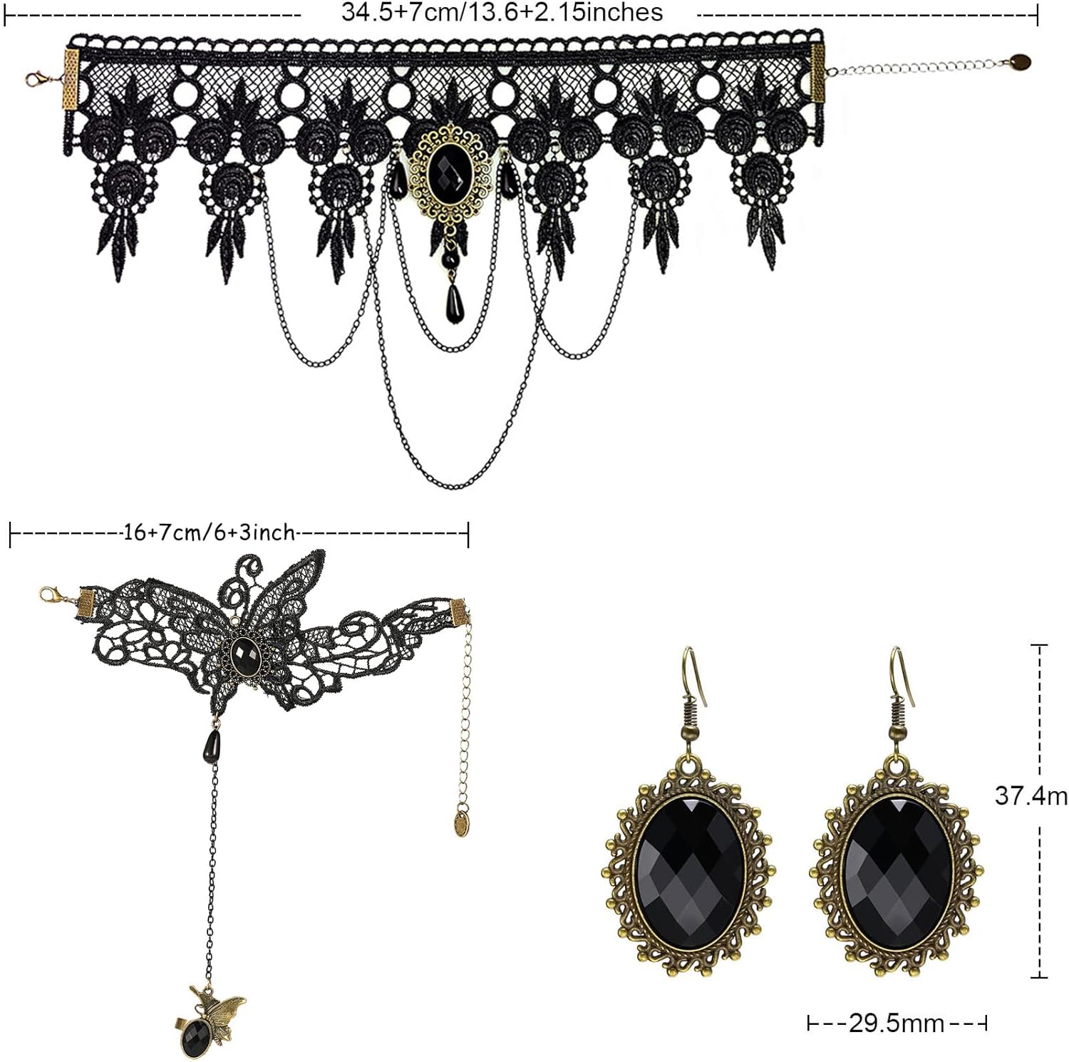 Gothic Victorian Style Vampire Choker Necklace Bracelet Earrings Set,Halloween Pirate Steampunk Witch Vampire Costume Accessories Jewelry for Women,Adjustable Size - Image 5