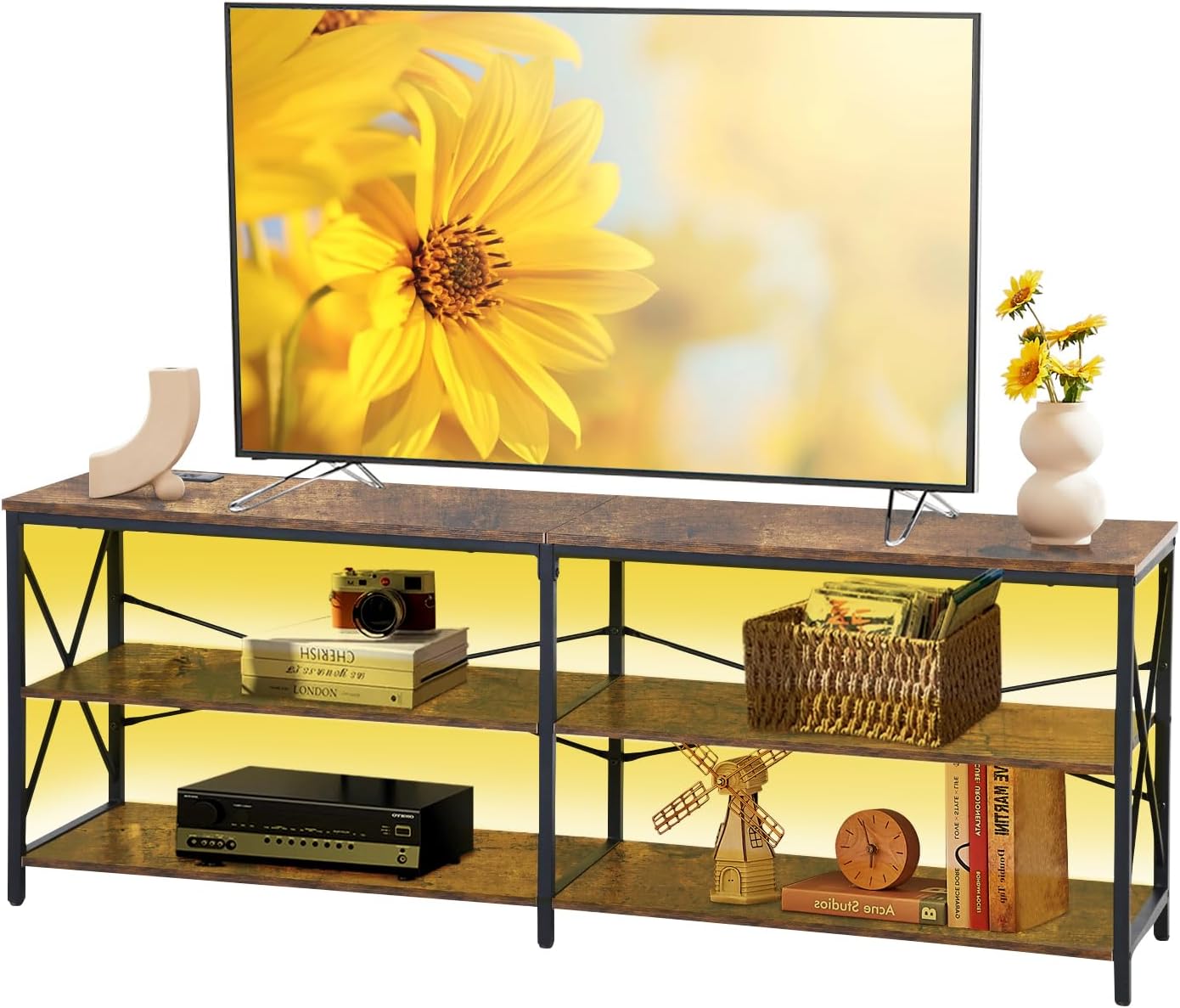 FurnitureR Soporte de TV de 63 pulgadas con luces LED y estación de energía, centro de entretenimiento con estantes de almacenamiento, puertos USB y