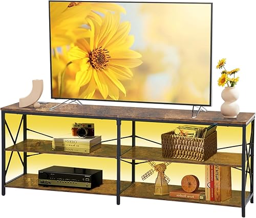 FurnitureR Soporte de TV de 63 pulgadas con luces LED y estación de energía, centro de entretenimiento con estantes de almacenamiento, puertos USB y