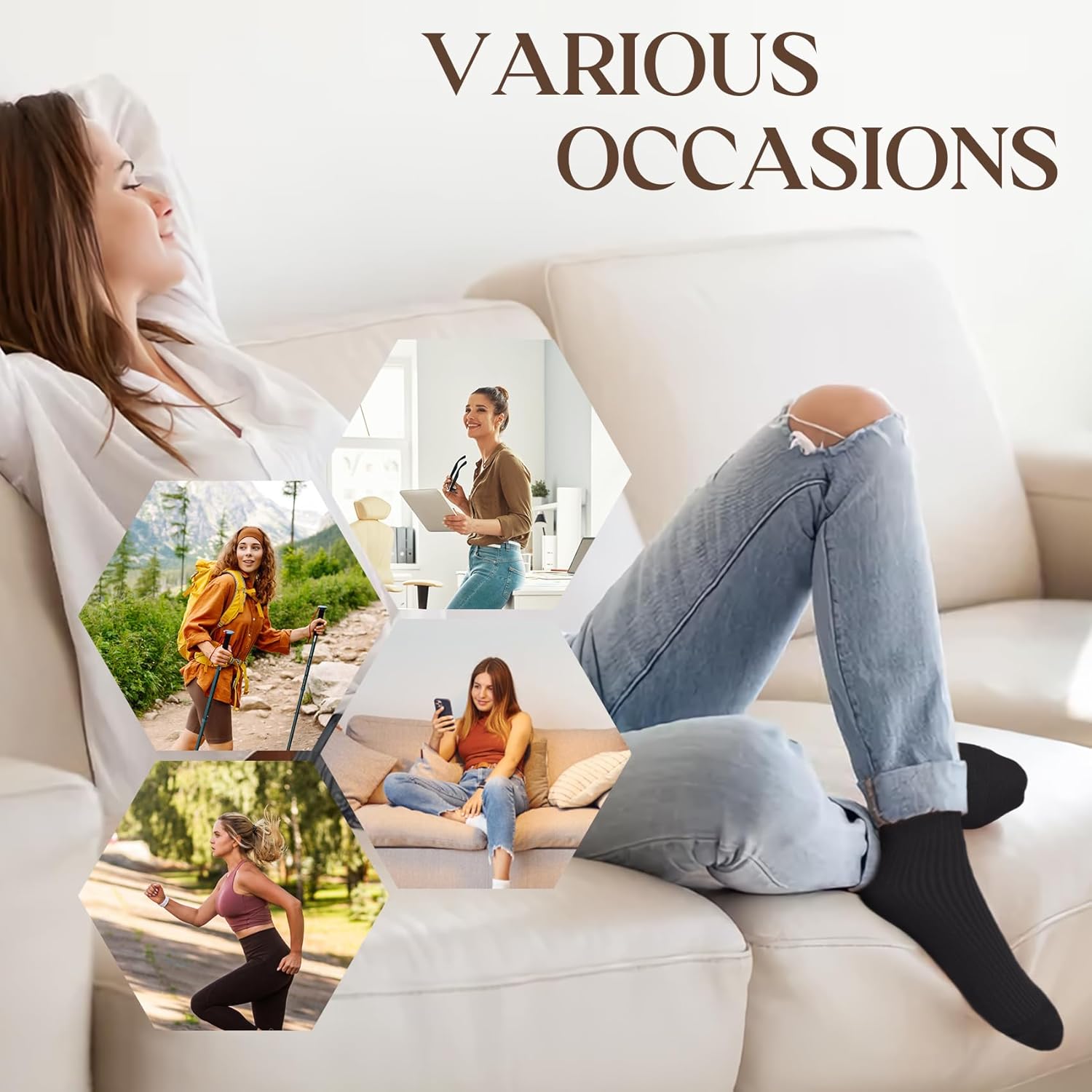 YSense Women's Cotton Crew Socks 6 Pairs, Long Cute Aesthetic Neutral Athletic Boot Socks for Women Stocking Stuffers Gifts - Image 7