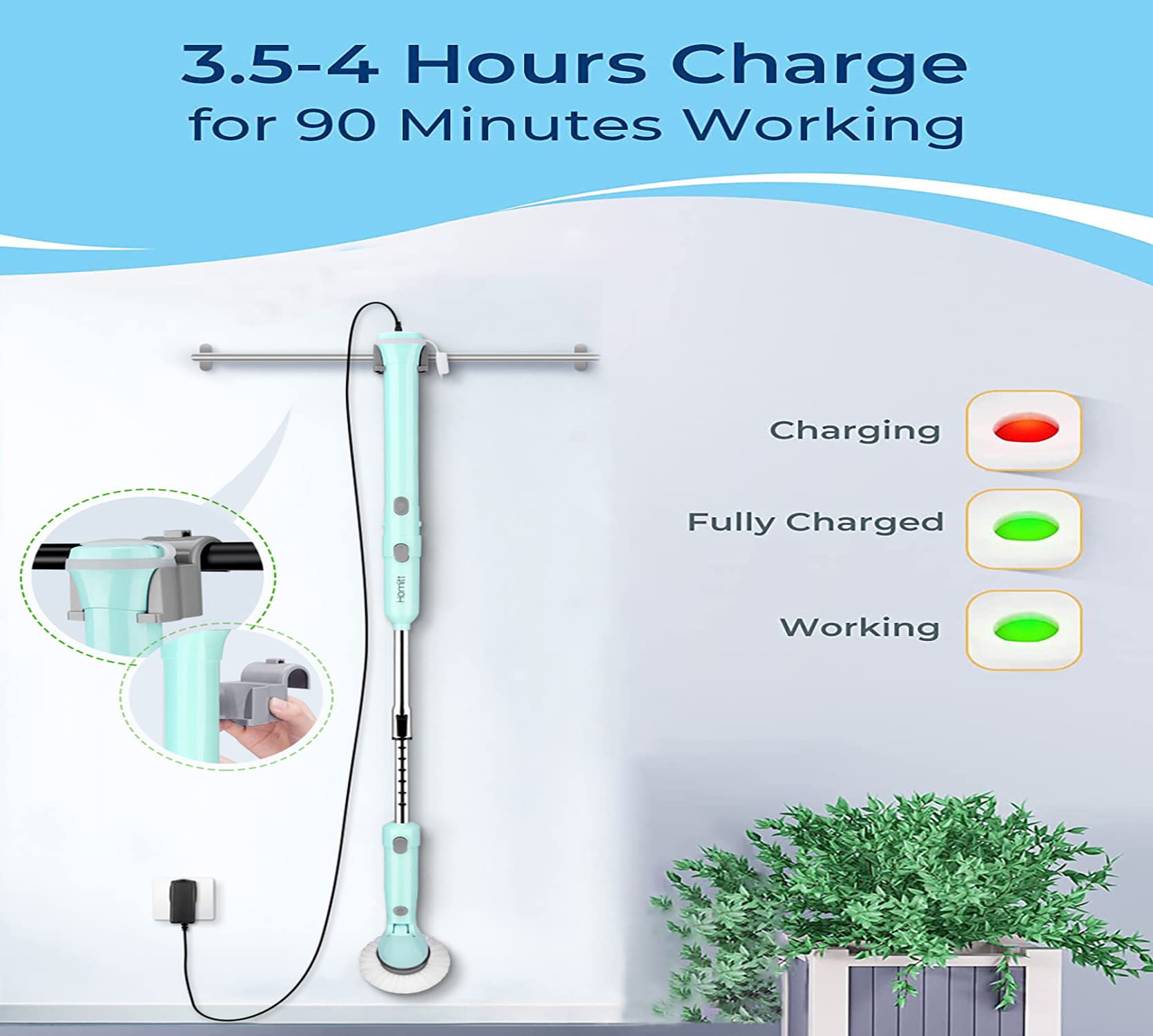 Electric Spin Scrubber,360 Power Scrubber with Long Extendable Handle and Cordless,Shower Scrubber for Cleaning,Tub and Tile Kitchen Scrubber Equipped with 4 Multi-Purpose Cleaning Brush Heads(Blue)