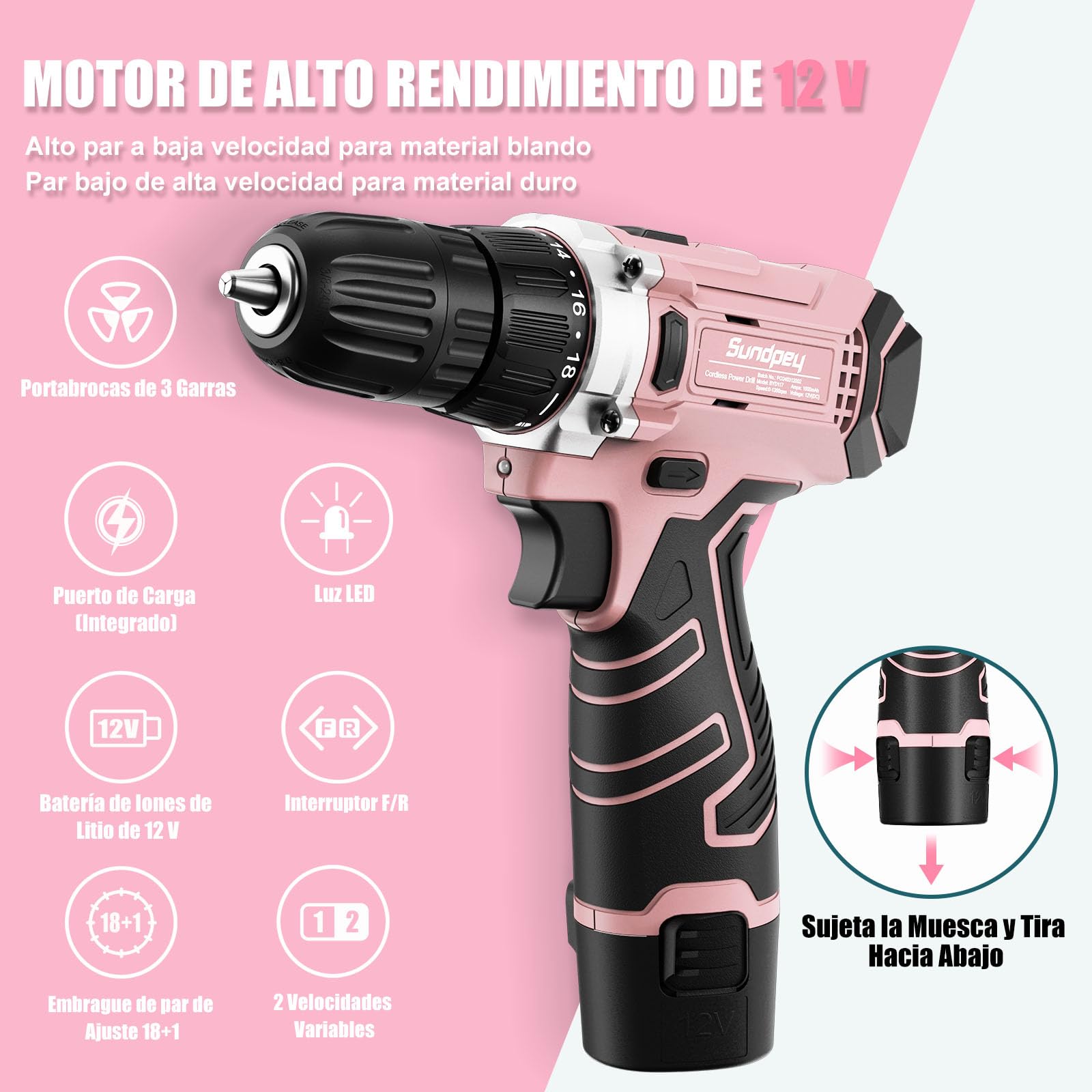 Taladro Atornillador 12V - Sundpey Caja Herramientas 206 Piezas con Taladro Eléctrico Compacto, Juego Herramientas con Destornillador Electrico para Oficinas y Jardín Rosa