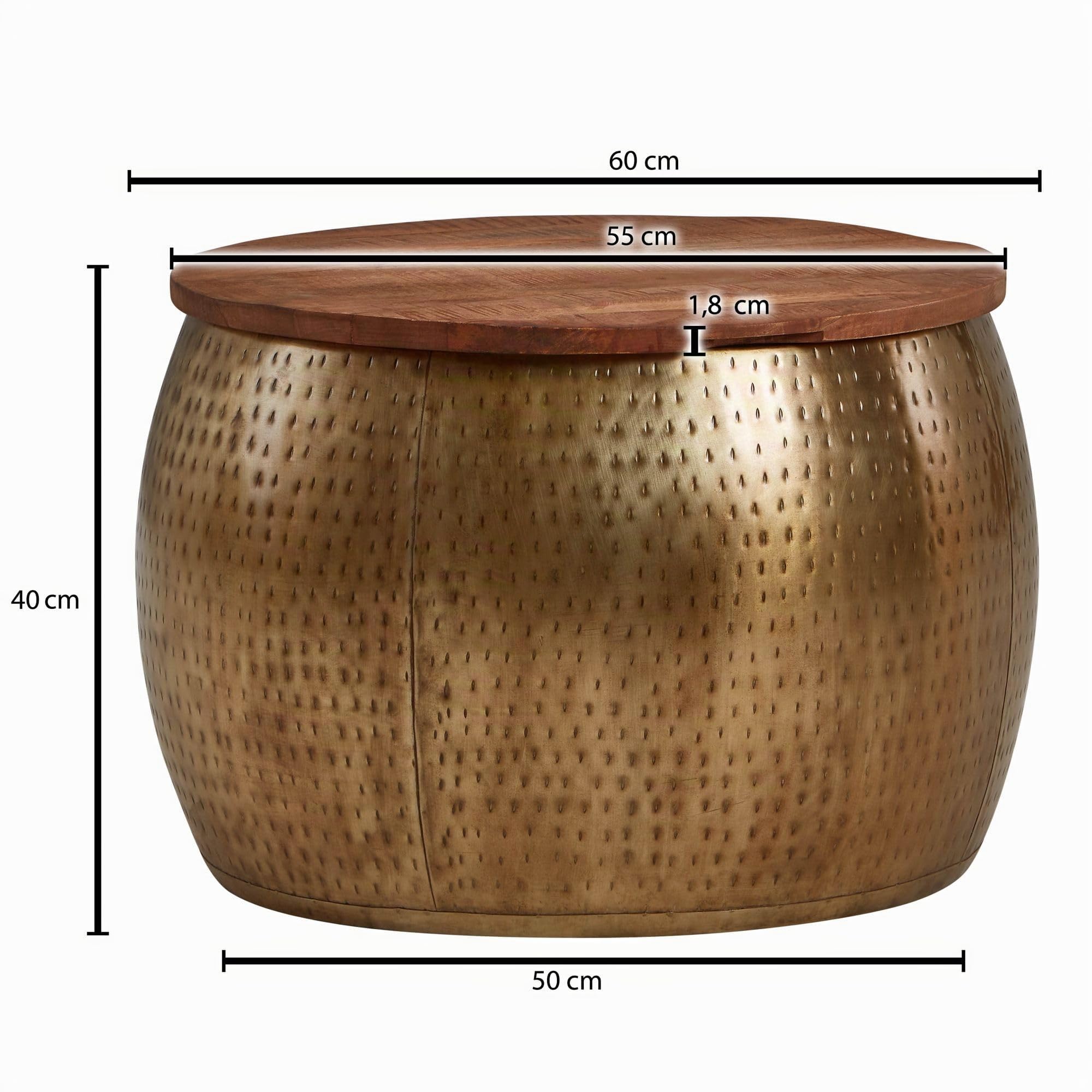 FineBuy Mesa de Centro Moderna Redonda 60x60x40 cm Metal y Madera Maciza de Mango | Mesa Auxiliar Oro con Almacenaje para Salón | Mesita Café para Sofá | mesa de salón con bandeja extraíble y compartimento, punta de sofá de madera auténtica, pieza única h