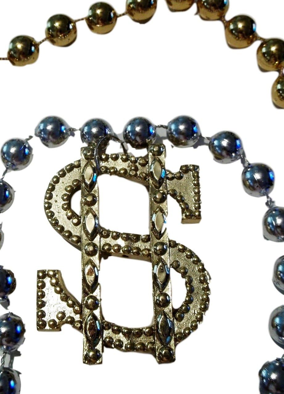Bling Gold Dollar Sign Mardi Gras Necklace Beads Bead