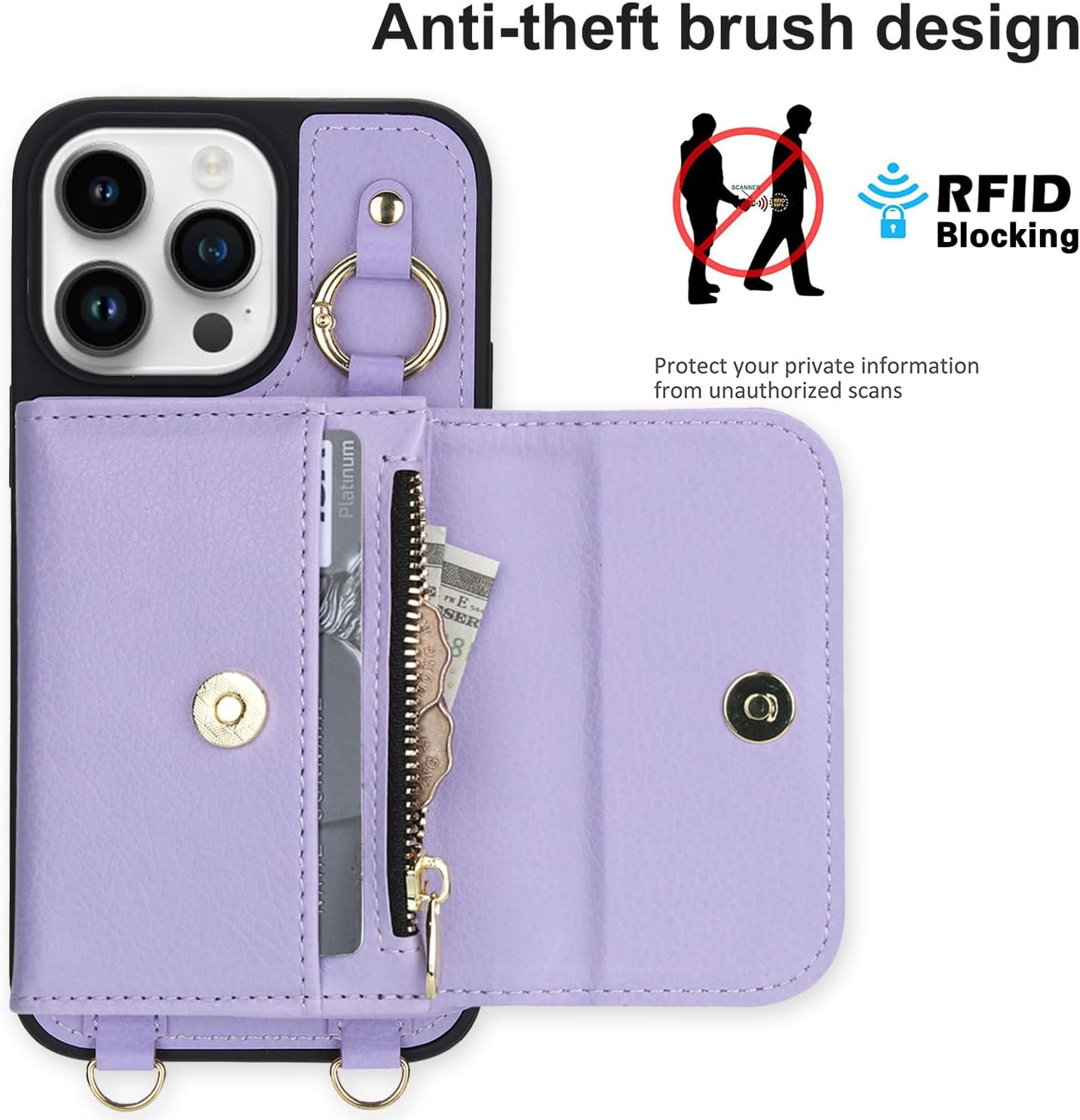 Phone Case for iPhone 15 Pro Max Wallet Magnetic Detachable Cover Screen Protector Compatible with MagSafe Crossbody Lanyard Strap RFID Blocking Flip i Phone15 ProMax 15ProMax Women Men Purple