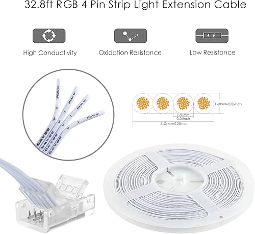 Miniatura 5 de VIPMOON Kit de conector de tira LED de 4 pines de 0.394 in y cable de extensión de tira LED RGB de 32.8 pies, tira de 4 pines a cable, conexión