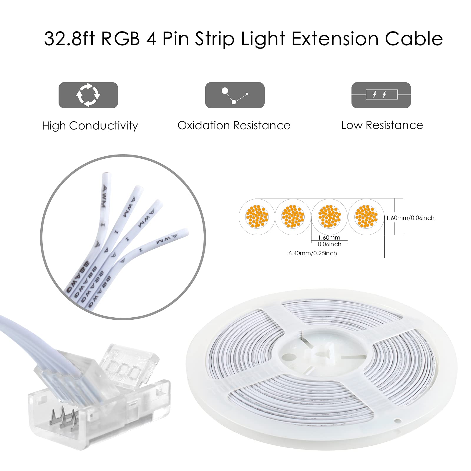 10 Connettori Per Strisce LED RGB 5050 Impermeabili 10mm + Cavo Prolunga 16.4Ft - Innesto Rapido Senza Saldatura, Adatti Per Filo 22AWG