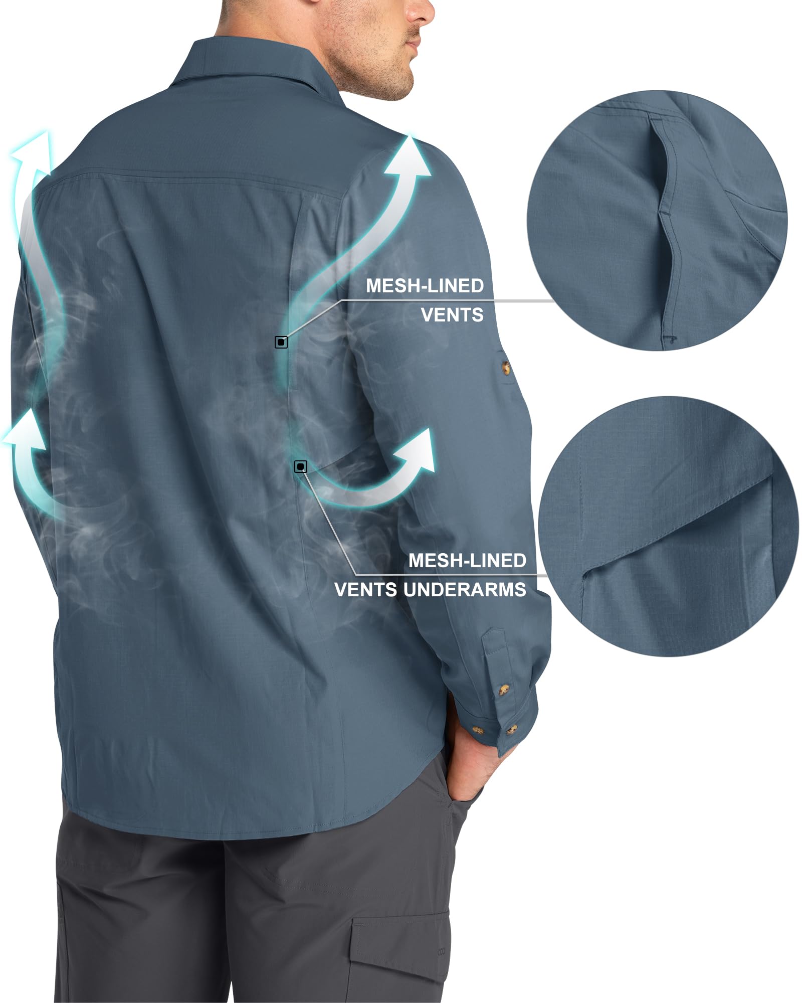 33,000ft UPF50+ - Camicia da uomo funzionale a maniche lunghe, traspirante, con bottoni, per esterni, sport, tempo libero, pesca