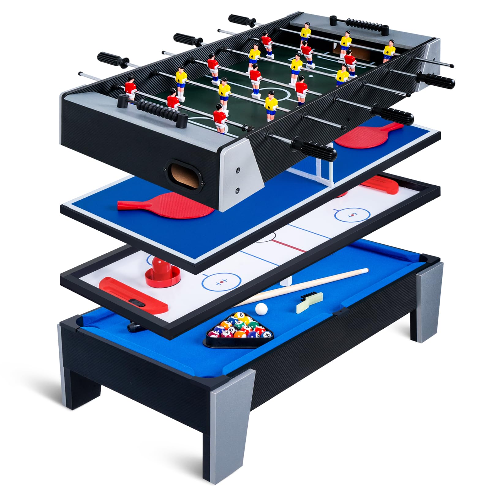 4-in-1 Mini Multi Game Table, Combination Game Table, Childrens Combo Arcade Set w/Pool Billiards, Hockey, Foosball and Table Tennis for Home, Play Room,Friends & Family