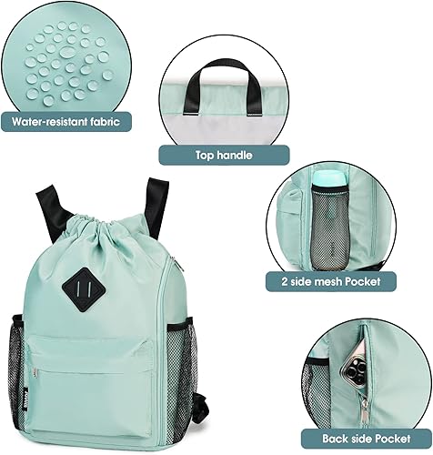 Miniatura 4 de WANDF - Mochila de cordón para deporte y gimnasio, con compartimento para zapatos, mochila de cordón resistente al agua con cierre para mujeres y