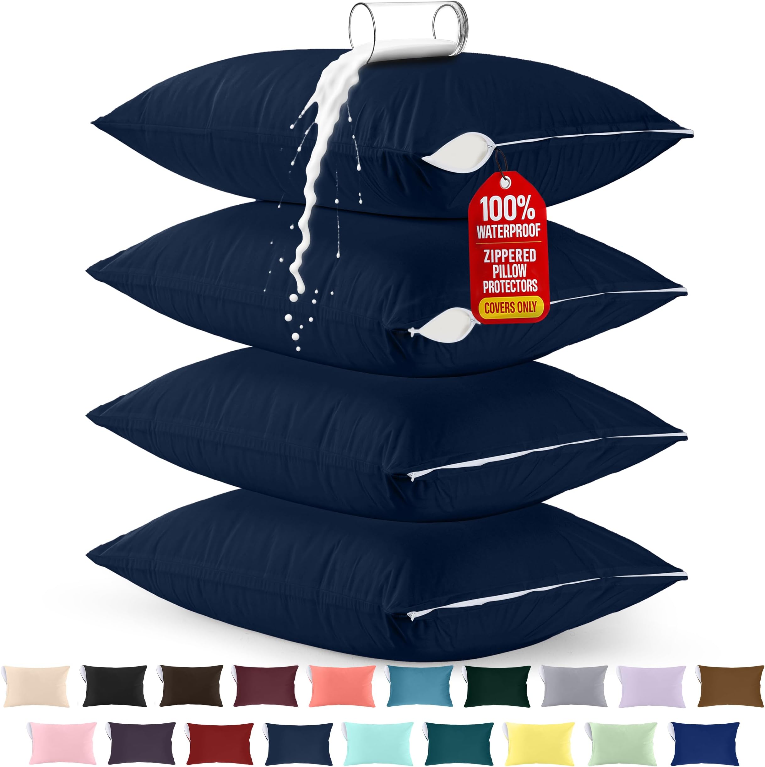 Utopia Bedding Waterproof Pillow Protectors Zippered (4 Pack, Navy) King Size, Bed Bug Proof Pillowcases, Pillow Encasement Covers 20 x 38 Inches