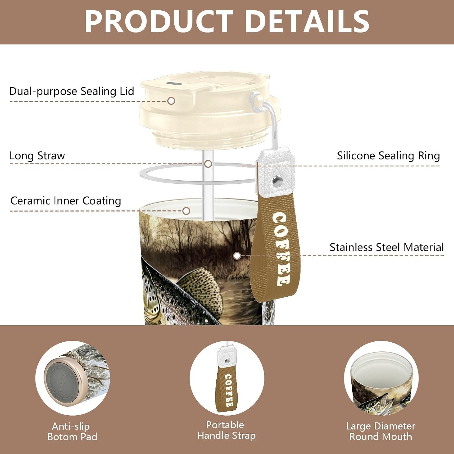 Trouts Jump Water Insulated Coffee Mug with Straw & Flip Lid, 16.9oz Iced Tumbler Cup, Double Wall Vacuum Leak-Proof Mug for Travel Office