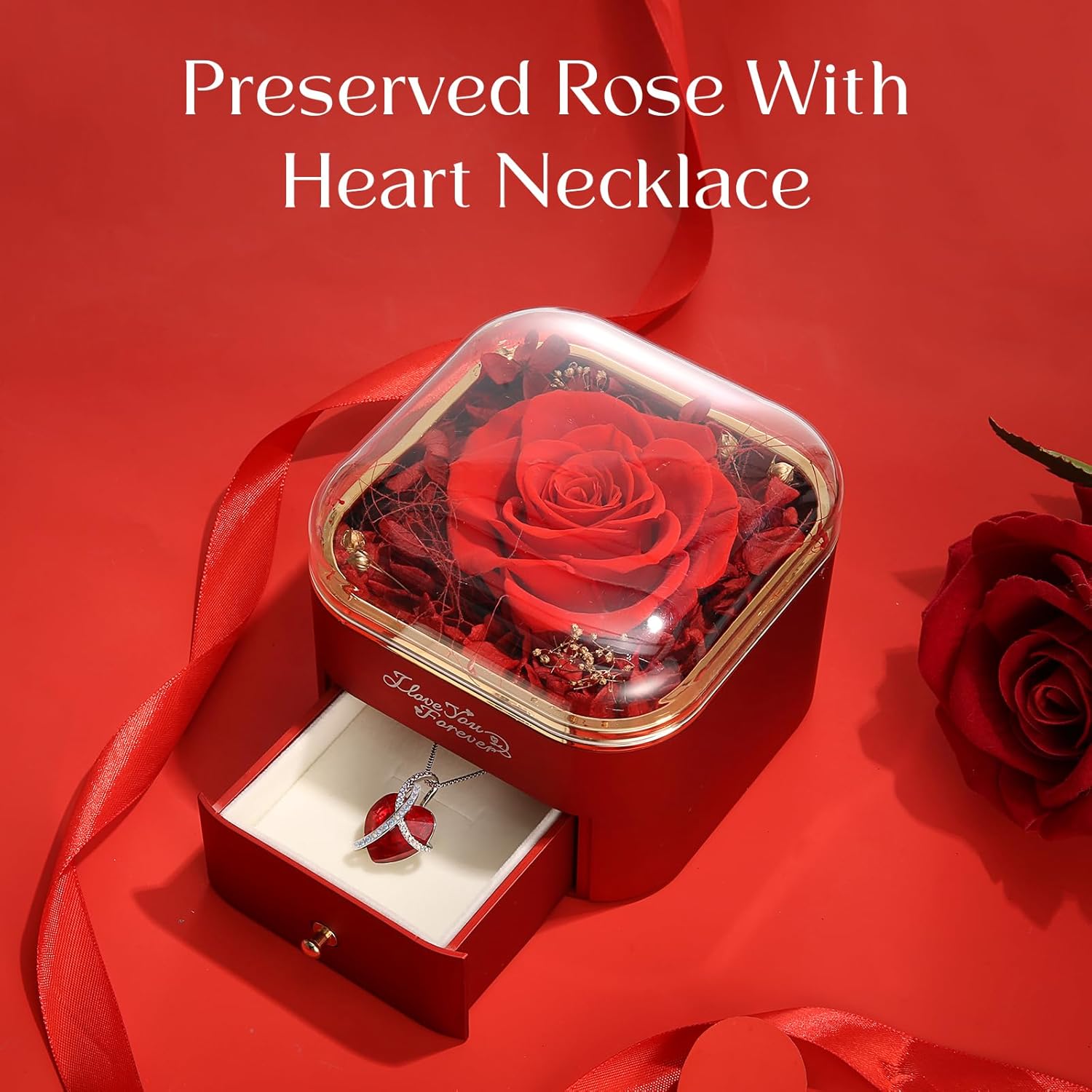 WILDLOVE Preserved Real Red Rose with Heart Necklace, Forever Flowers Gifts for Mom Grandma Wife Girlfriend at Christmas, Valentines, Mothers Day, Anniversary or Birthday Gifts for Women - Image 2