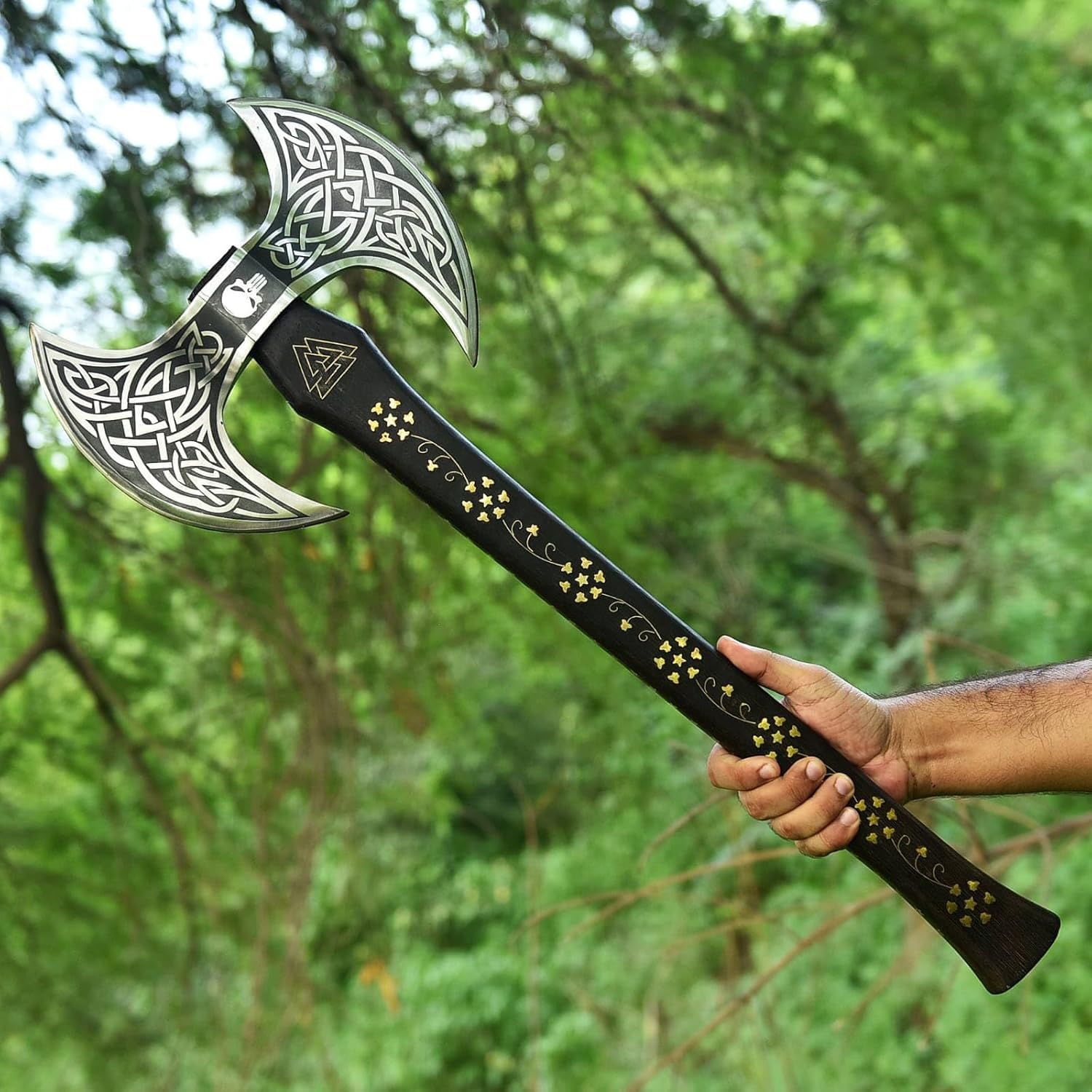 Handgeschmiedet Wikinger Doppelaxt mit Lederscheide. Large Norse Axe, Geschenkidee für Männer – Handgeschmiedete Doppelkopf-Wikinger-Axt aus Kohlenstoffstahl für Outdoor, Camping, Jagd, Deko